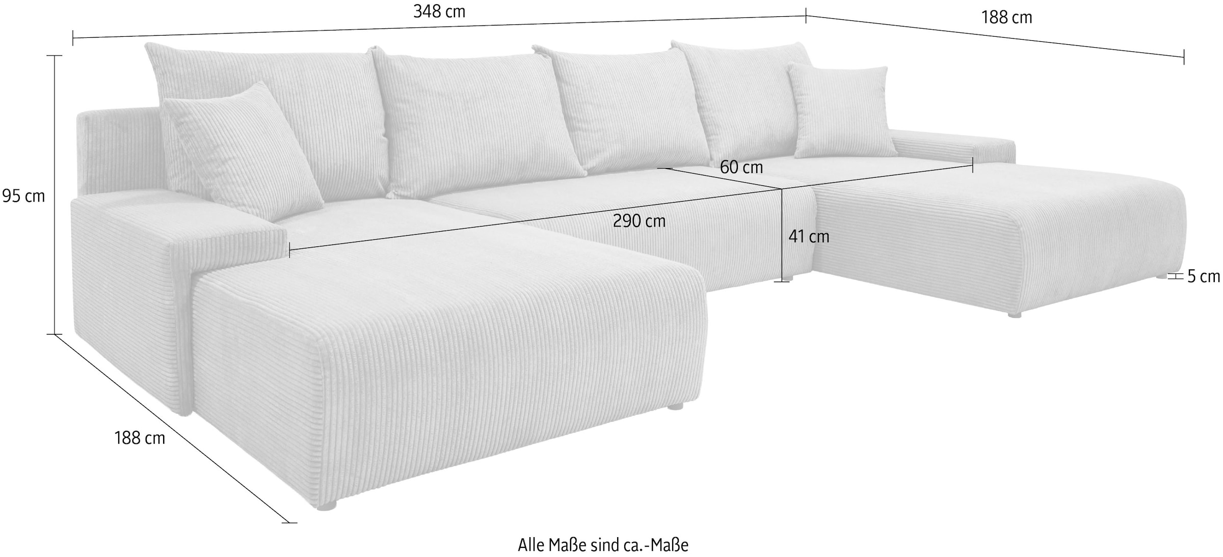 WERK2 Wohnlandschaft »Amalfi, B/T: 348/188 cm, in Cord mit Schlaffunktion & Bettkasten« modernes XXL Design, U-Form