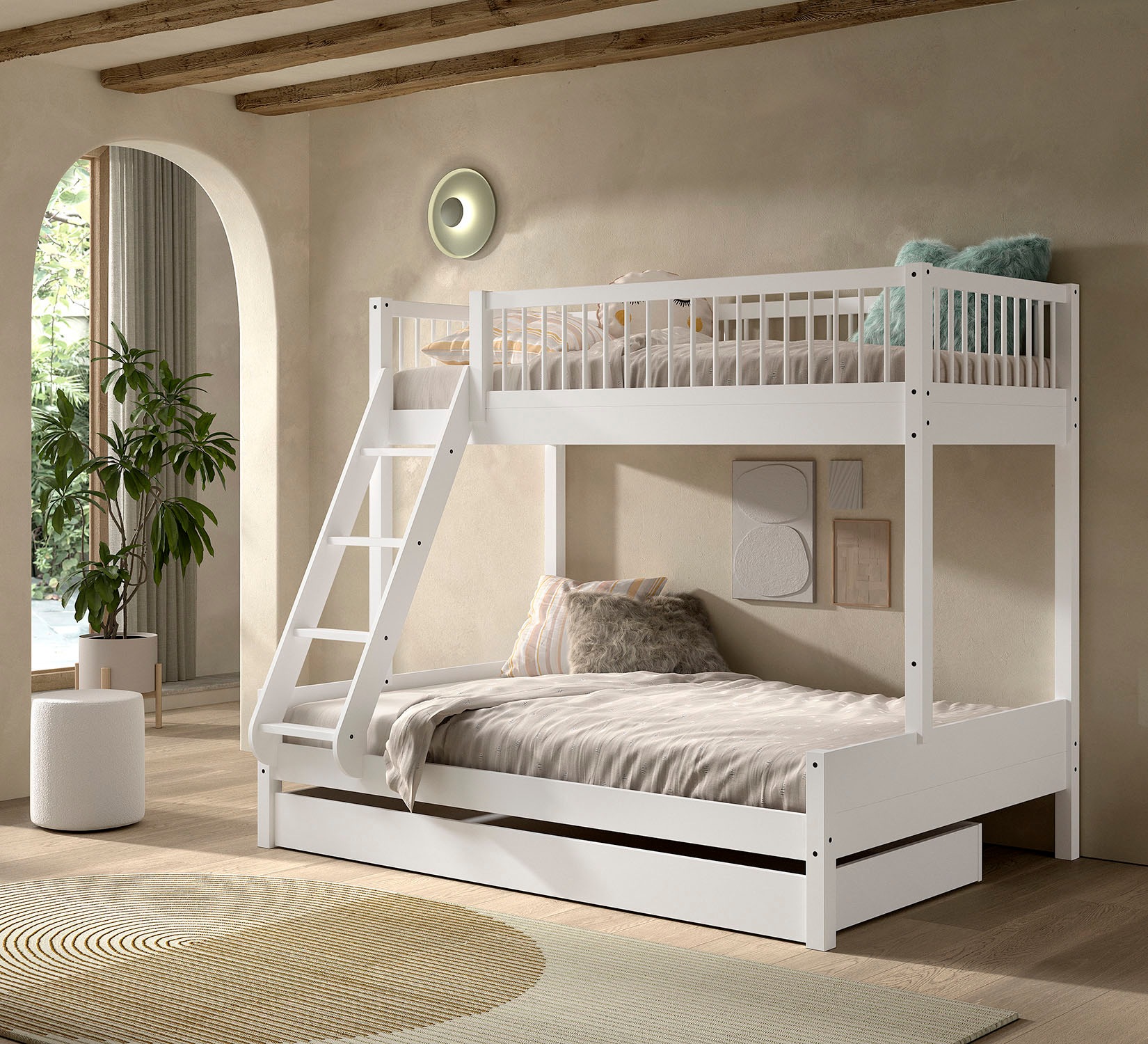 Vipack Etagenbett »Forrest Massivholzbett Made in Europe, stabil und hochwertig gebaut« Liegefläche 90/140x200cm, mit Leiter, Rolllattenrost u. Bettschublade, 