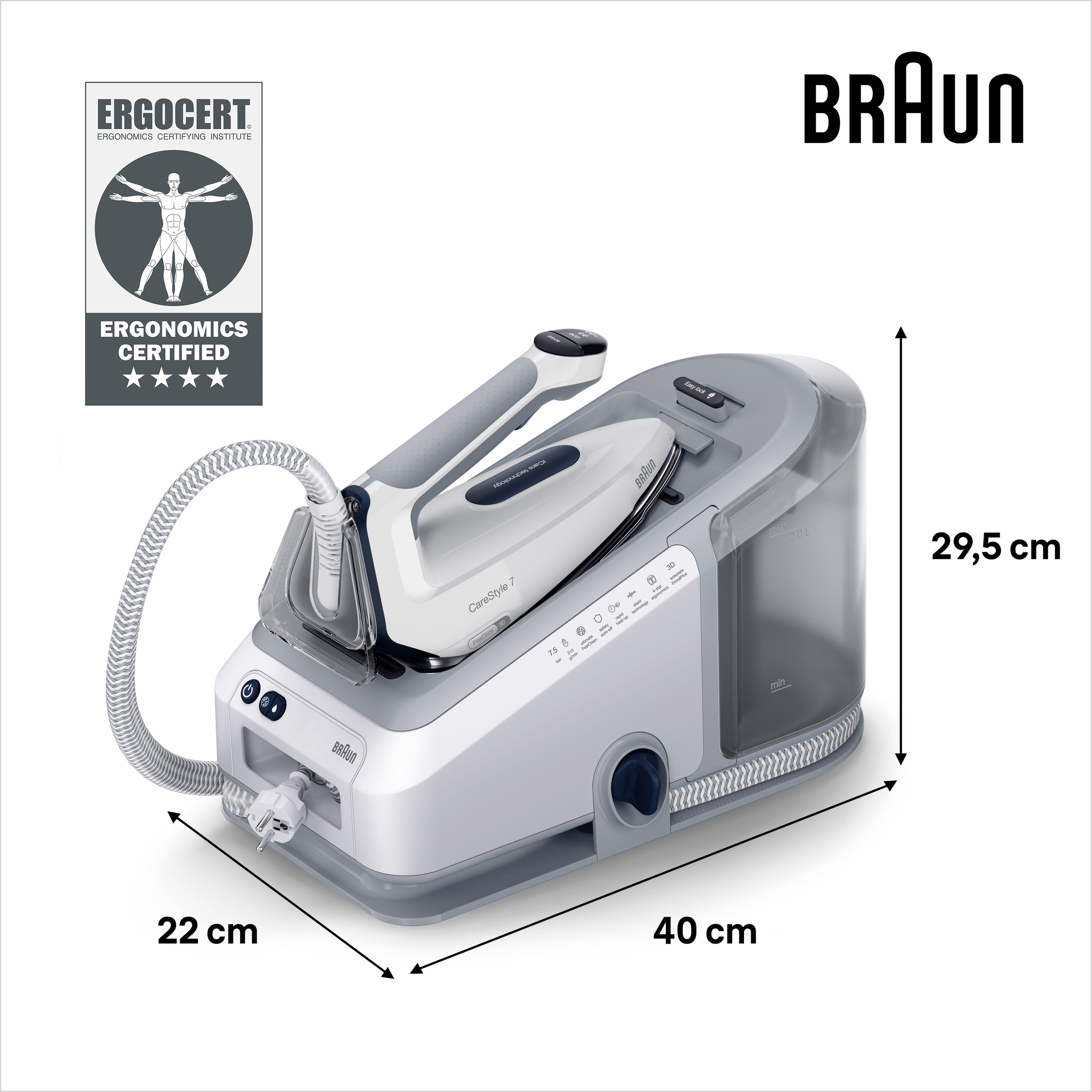 Braun Dampfbügelstation »CareStyle 7 IS 7262 GY - 7,5 bar, 510 g Dampfstoß, 2,0 l Wassertank«, 150 g Dampfmenge, EloxalPlus Bügelsohle, Ultimate FastClean Entkalkung