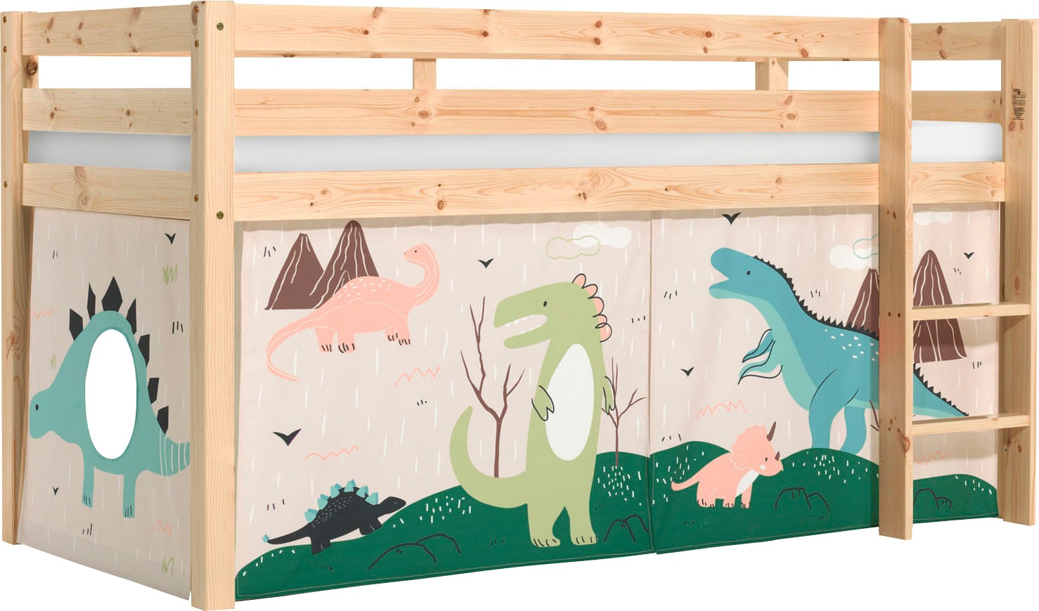 Vipack Spielbett »Pino, Kiefer massiv, mit Rolllattenrost u. Textil-Set, Made in Europe« B/H/T ca. 210x114x106cm, mit Leiter und Absturzschutz,  verschiedene Textil Dessins, 3 Gestellfarben zur Wahl