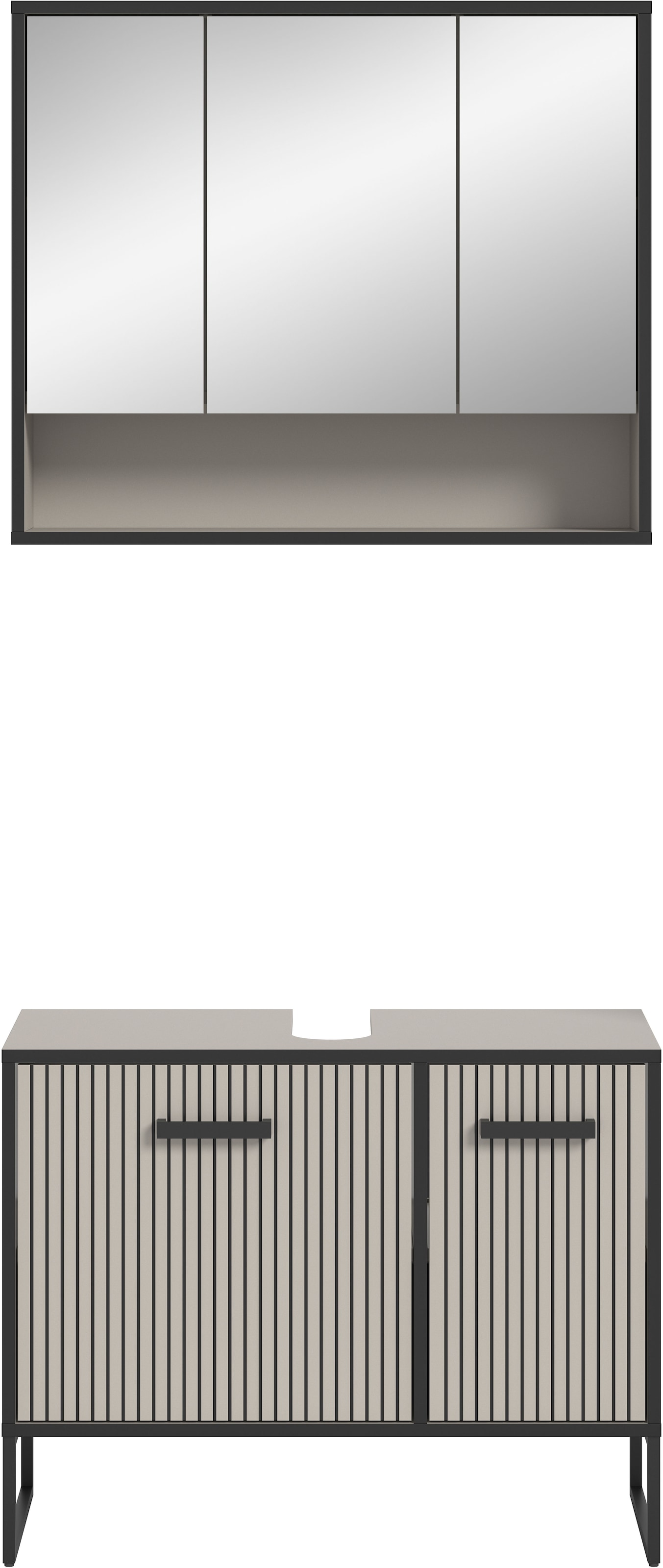 welltime Badmöbel-Set »Locri, Breite 80 cm, Rillenoptik, Metallkufen«, (2 St.), best. aus: Waschbeckenunterschrank, Spiegelschrank