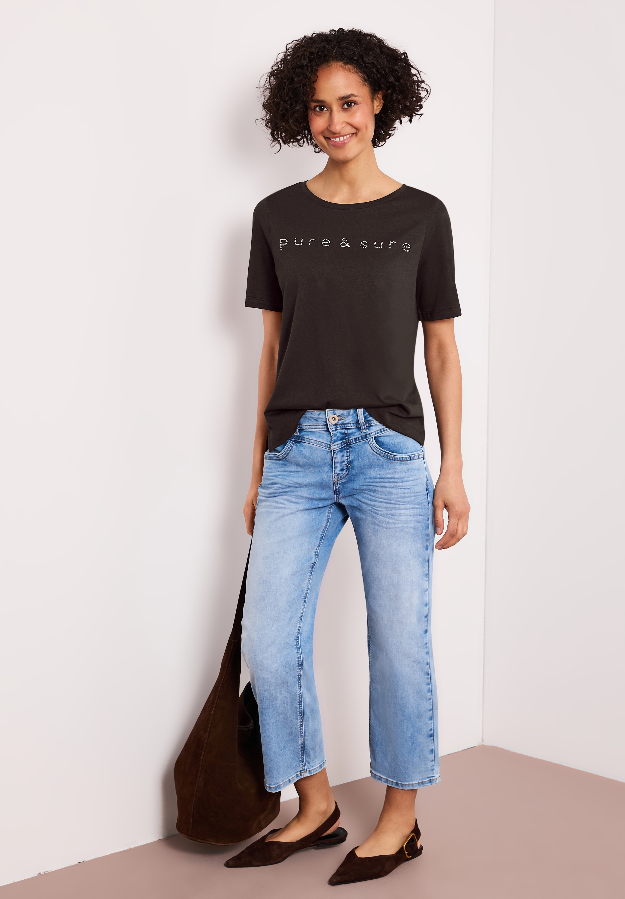 STREET ONE Kurzarmshirt Sommershirt mit Rundhals und Schmucksteinen