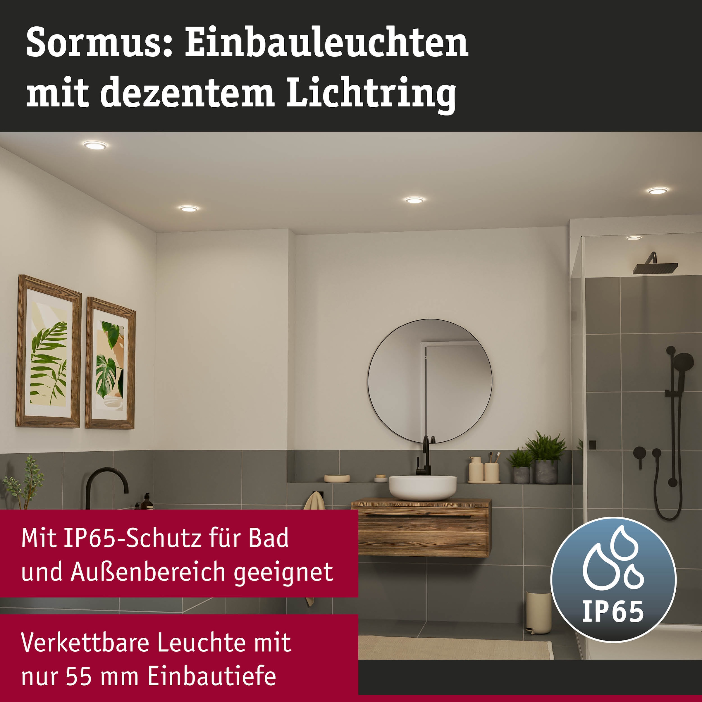 Paulmann LED Einbauleuchte »LED Einbauleuchte Sormus IP65 rund 100mm« 3 Stk. Warmweiß Memoryfunktion