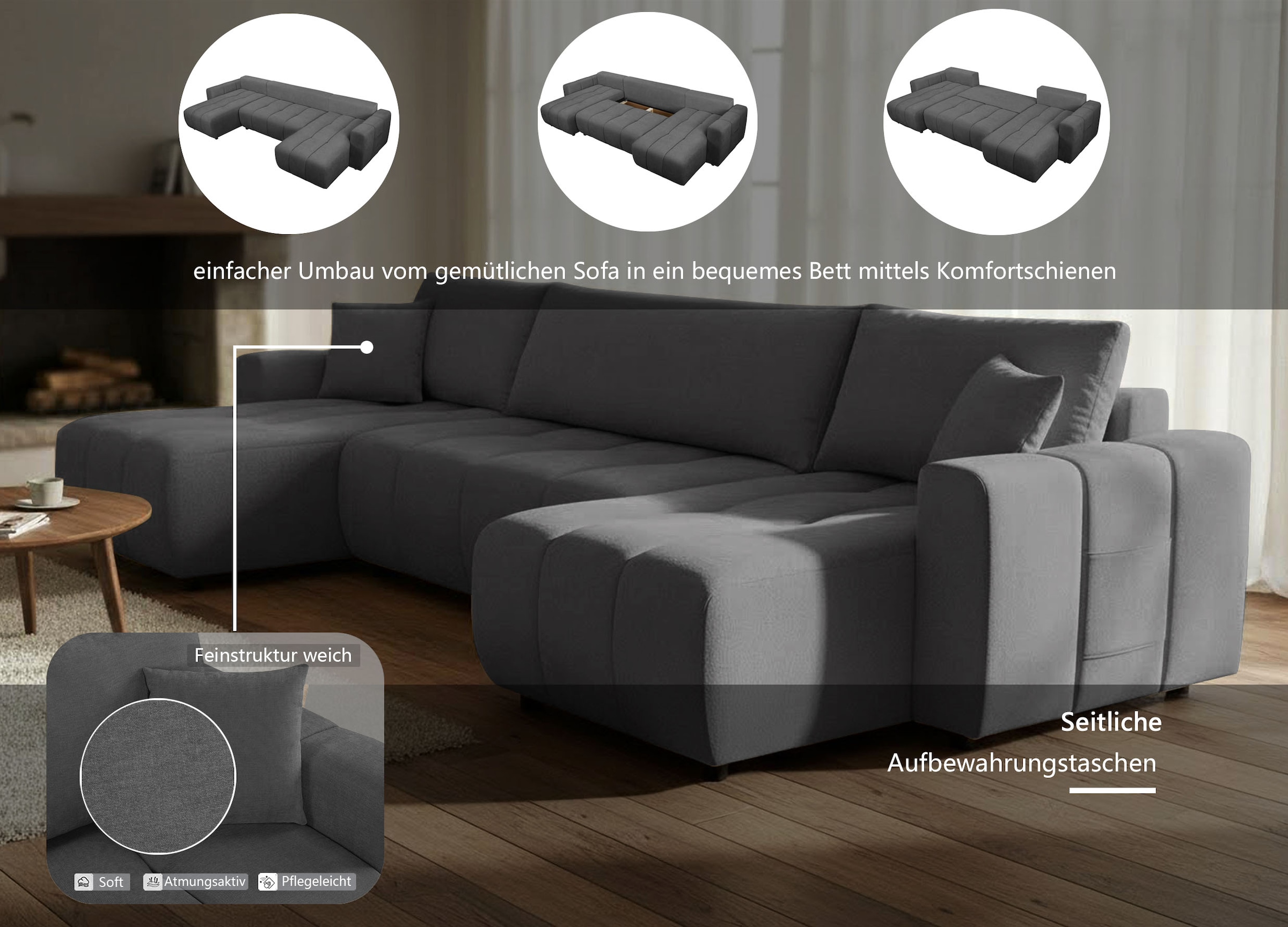 OTTO home Wohnlandschaft »YLVAA U-Form, 311 cm - OTTO. Verlässliche Qualität.« Schlaffunktion (132/269), Bettkasten, Feinstruktur-Bezug