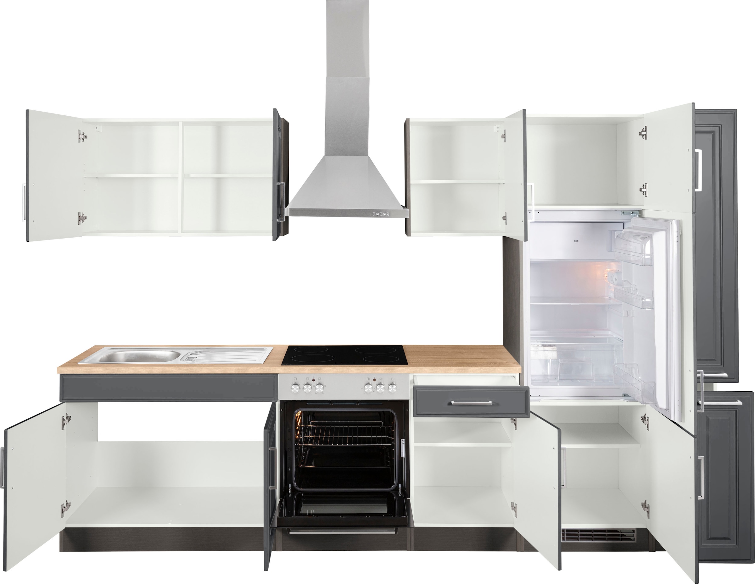 KOCHSTATION Küchenzeile »KS-Stockholm – Küche mit hochwertiger und detailreicher Landhausfront« Breite 300 cm, wahlweise mit E-Geräten,mit MDF-Fronten