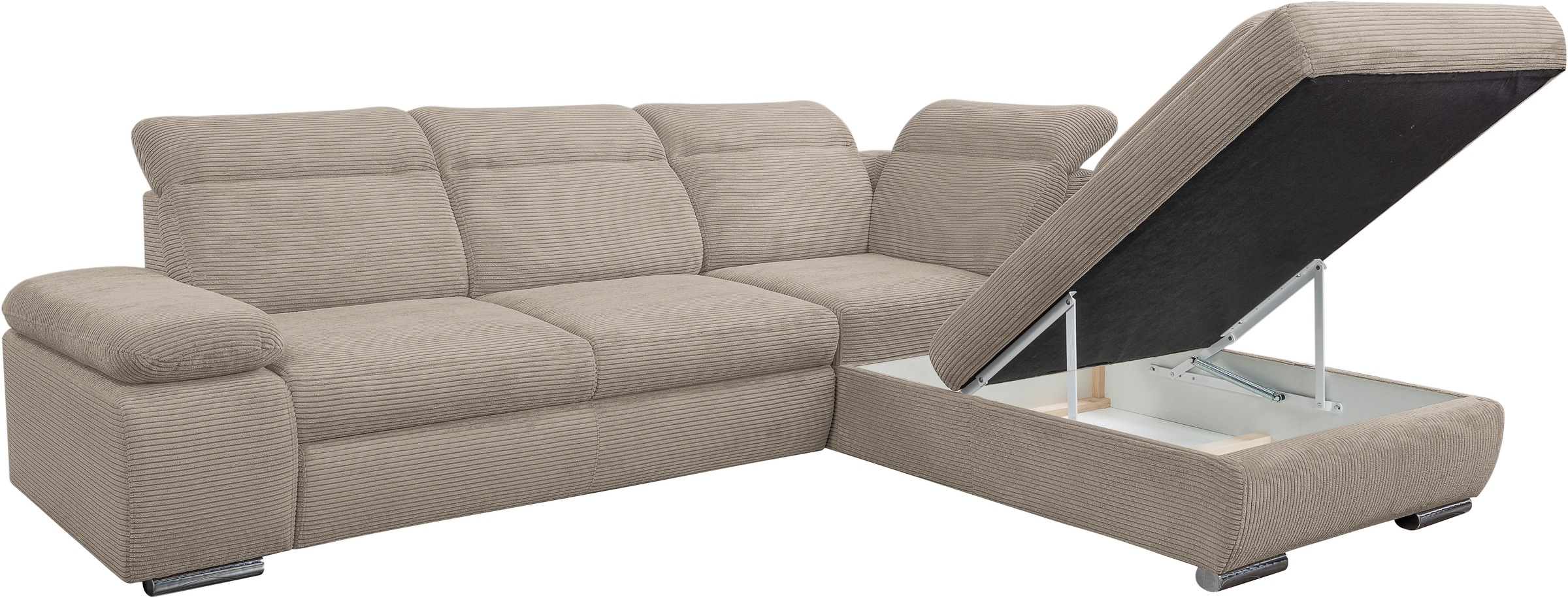 WERK2 Ecksofa »Alicante Kopfteilverstellung, Bett & Bettkasten, Cord, L-Form, bequem« Cord, L-Form, XXL, Schlaffunktion, Bettkasten