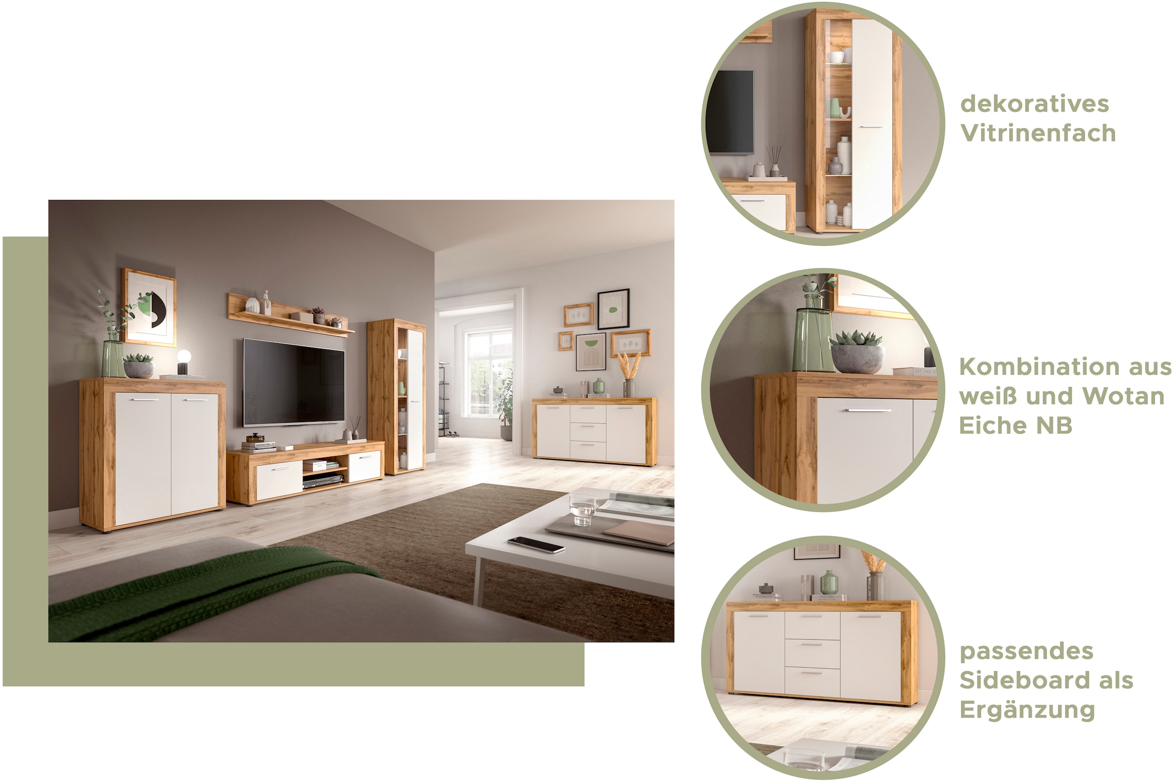 INOSIGN Wohnwand »Aosta, Breite 235cm, bestehend aus Lowboard, Wandboard, Vitrine«, (3 St.), Wohnwand, Kombination, Anbauwand, Möbel Set, Schrankwand, Möbel Kombi