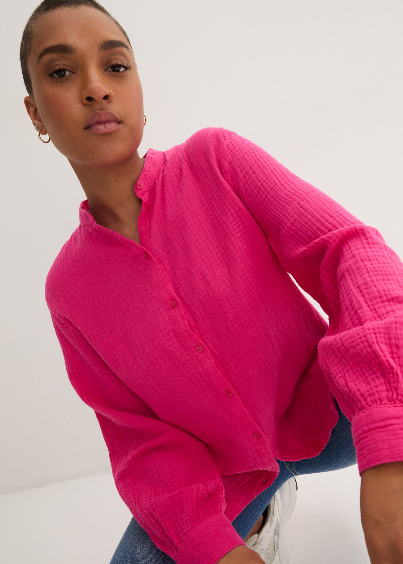 bonprix Langarmbluse »Musselin-Longbluse aus Baumwolle« Oversize-Passform, mit Seitenschlitzen, aus Musselin