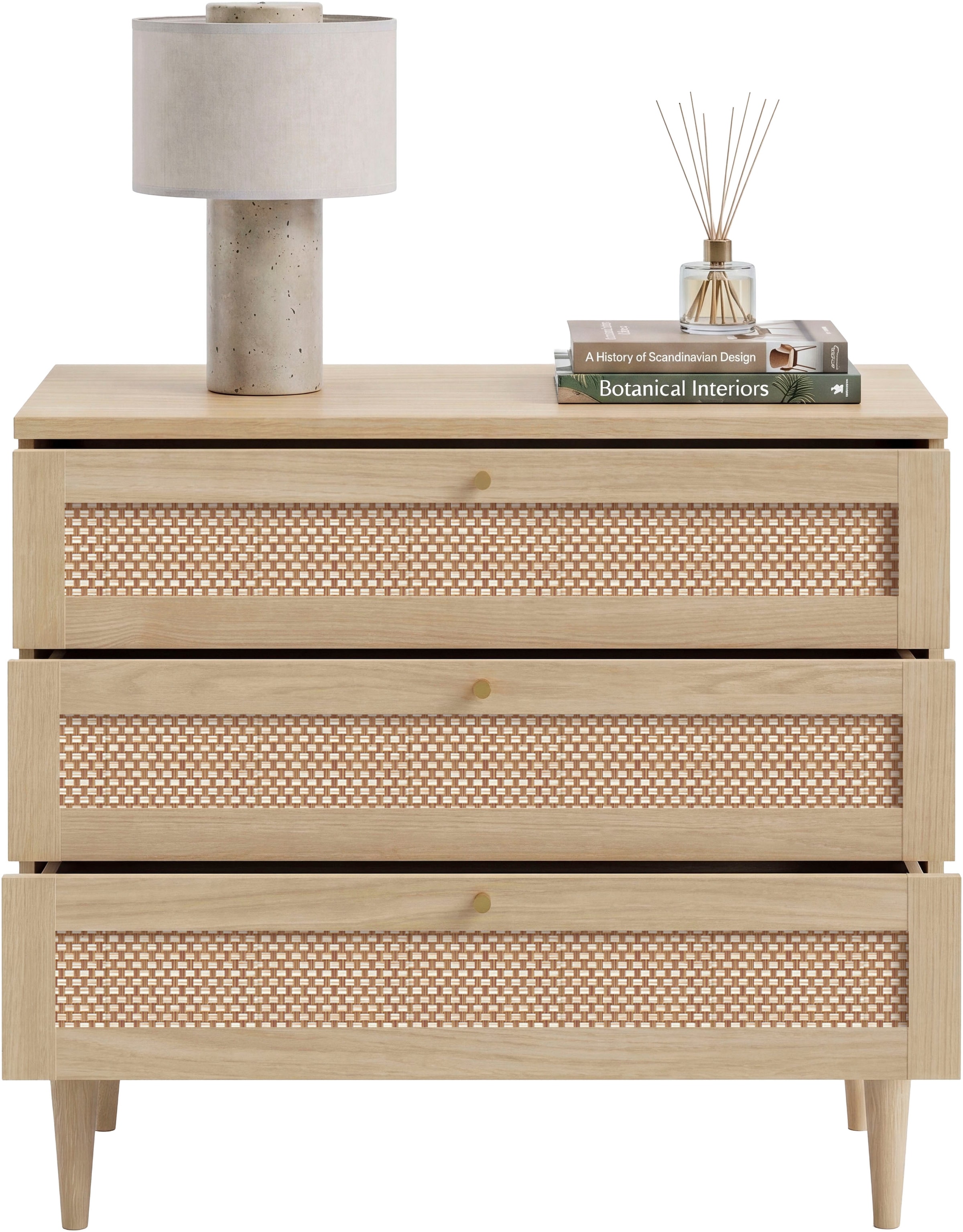 OTTO home Kommode »ELLIAN mit Geflechtoptik warmes Holzdekor, 3 Schubkästen« Holzfüße, Metallgriffe, Made in EU, viel Stauraum