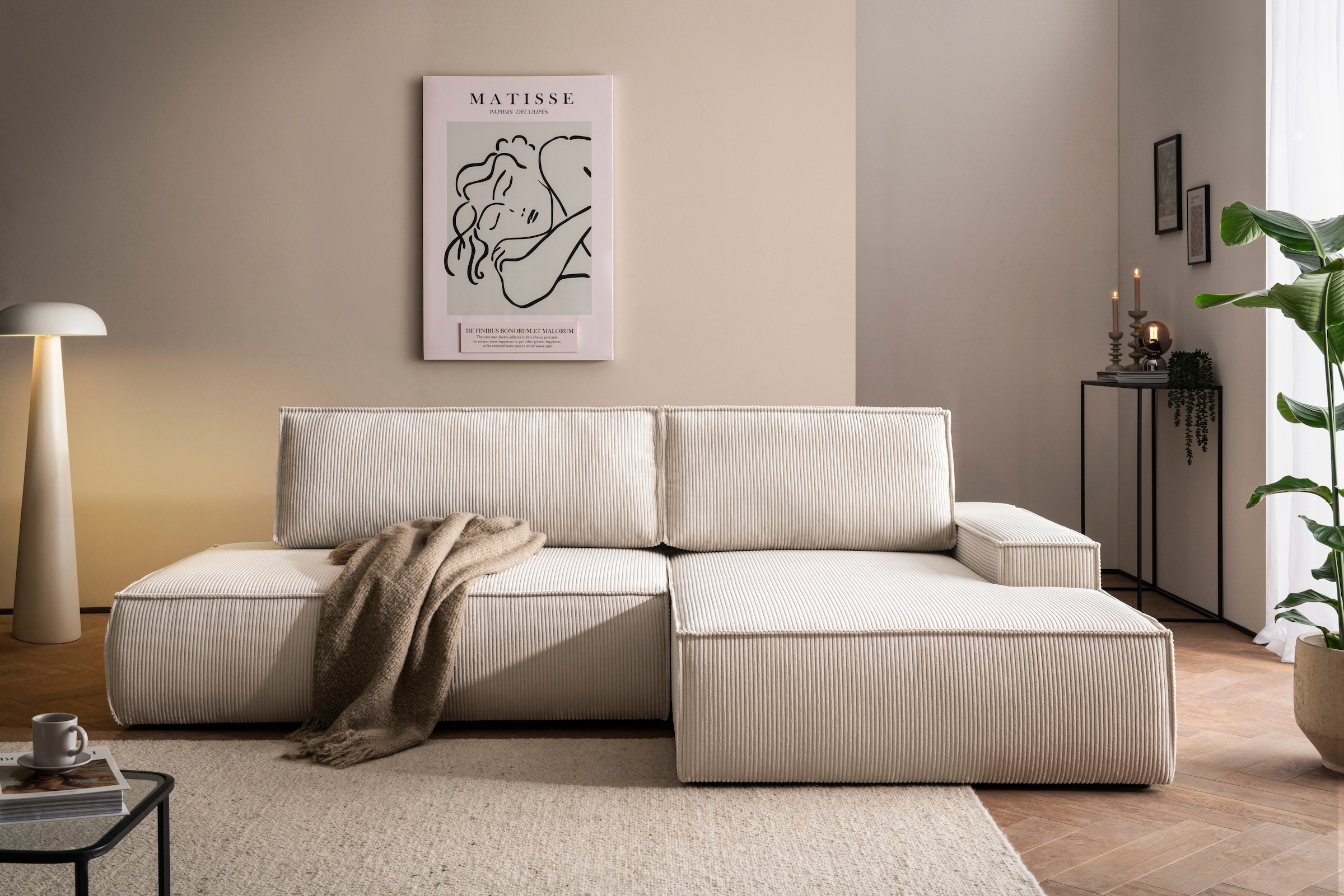 Home affaire Ecksofa »SHERWOOD, Schlafsofa in L-Form offen (275cm), Cord, Leinenoptik«, Schlaffunktion und Bettkasten, Kedernaht, hoher Sitz- & Liegekomfort