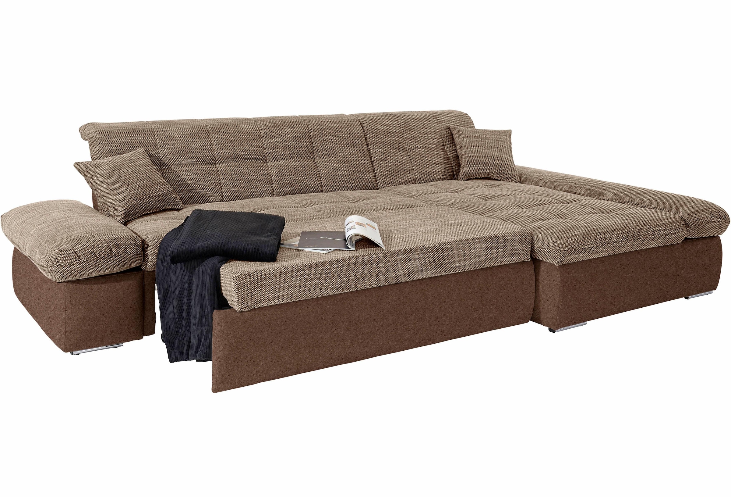 DOMO collection Ecksofa »Moric, L-Form, XXL-Sofa - Breite 300cm«, wahlweise mit Bettfunktion und Armteilverstellung, beige-braun
