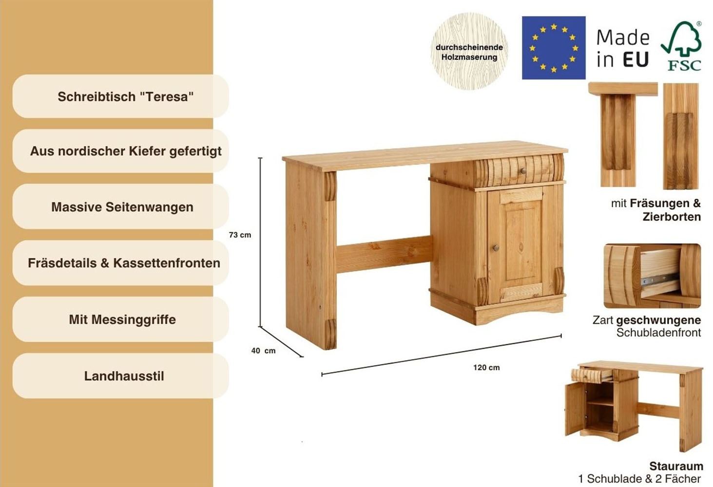 Home affaire Schreibtisch »Teresa«, (Maße (B/T/H): 120/37/73 cm), Computertisch mit Schublade, Massivholz, Breite 120 cm