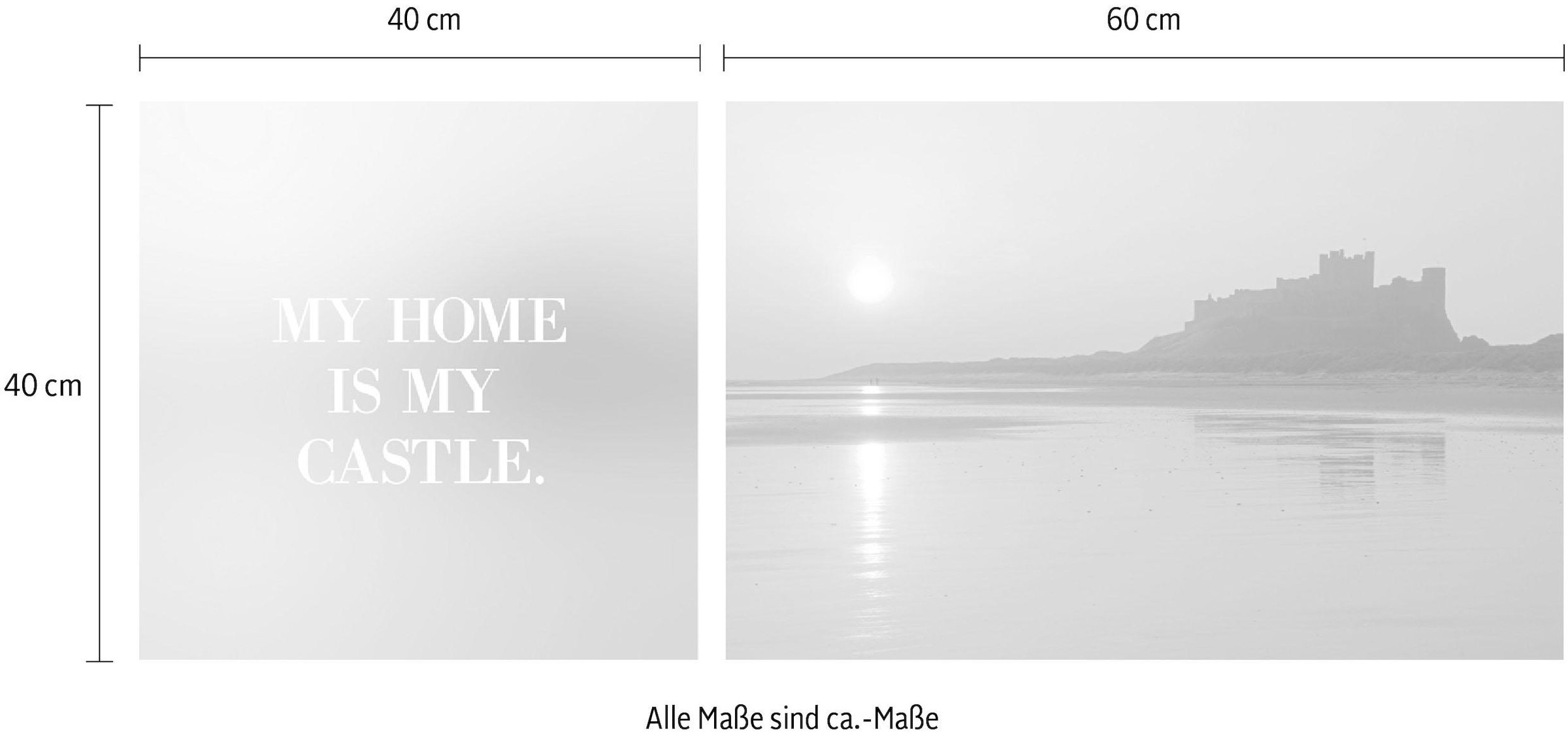 queence Leinwandbild »Home«, Seebilder-Seelandschaft-Meer-Meer Bilder-Kunst-Modern-Spa-Spa Bilder-Sprüche-Sprüche & Texte-Schriftzug, (Set), Premium-Leinwandstoff, Handarbeit aus Deutschland, Spruch, 2er Set