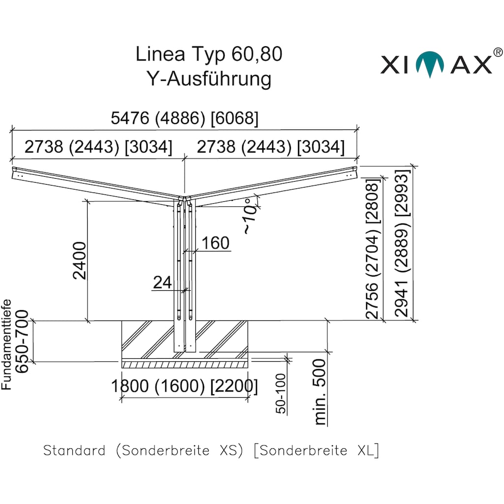 Ximax Doppelcarport »Linea Typ 80 Y-Edelstahl-Look«, Aluminium, 532 cm, edelstahlfarben