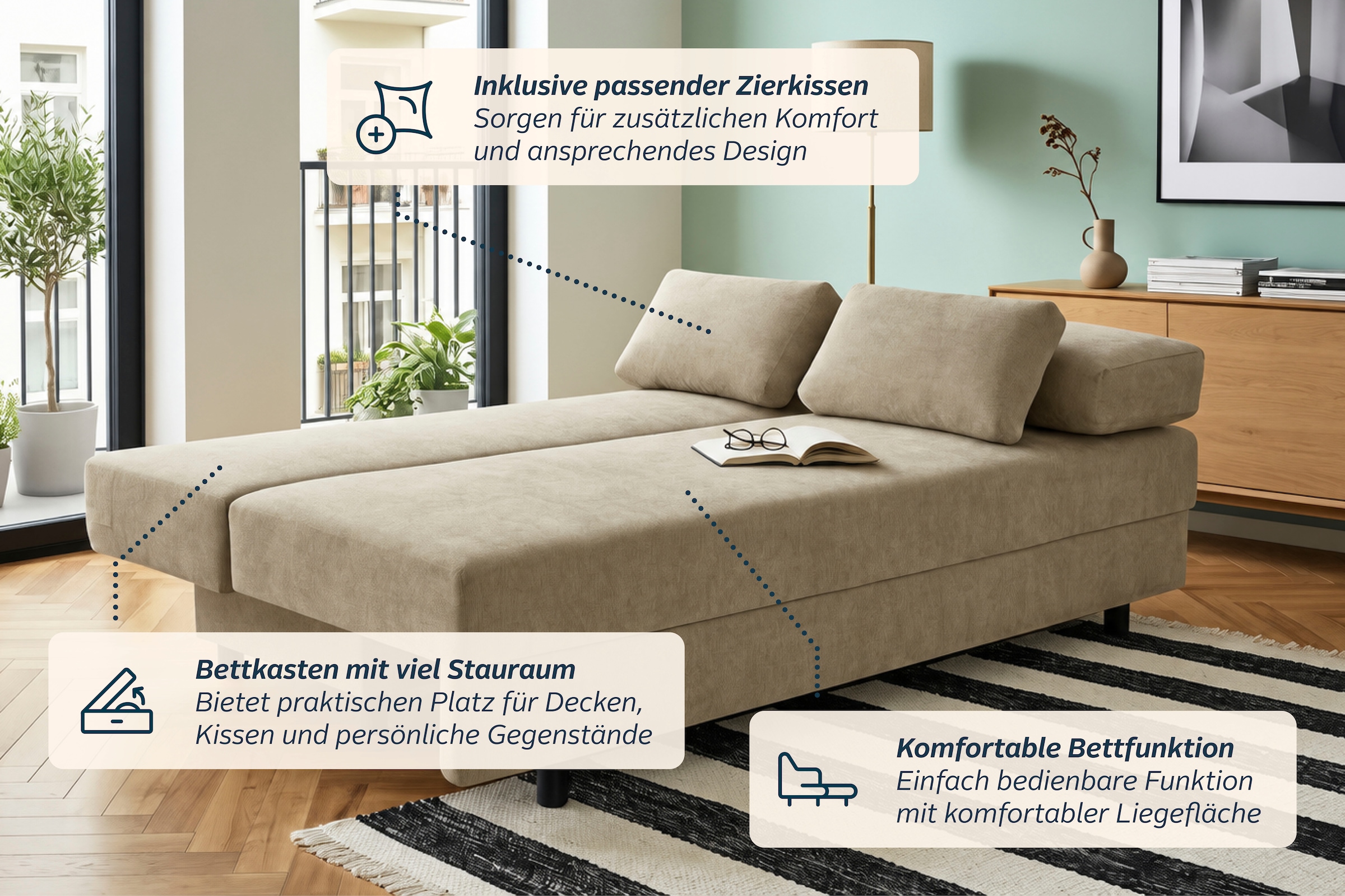 OTTO home Schlafsofa »ONNIKO, Breite: 192 cm, Liegefläche 121x192 cm, Feinstruktur-Bezug« mit Bettfunktion & Bettkasten
