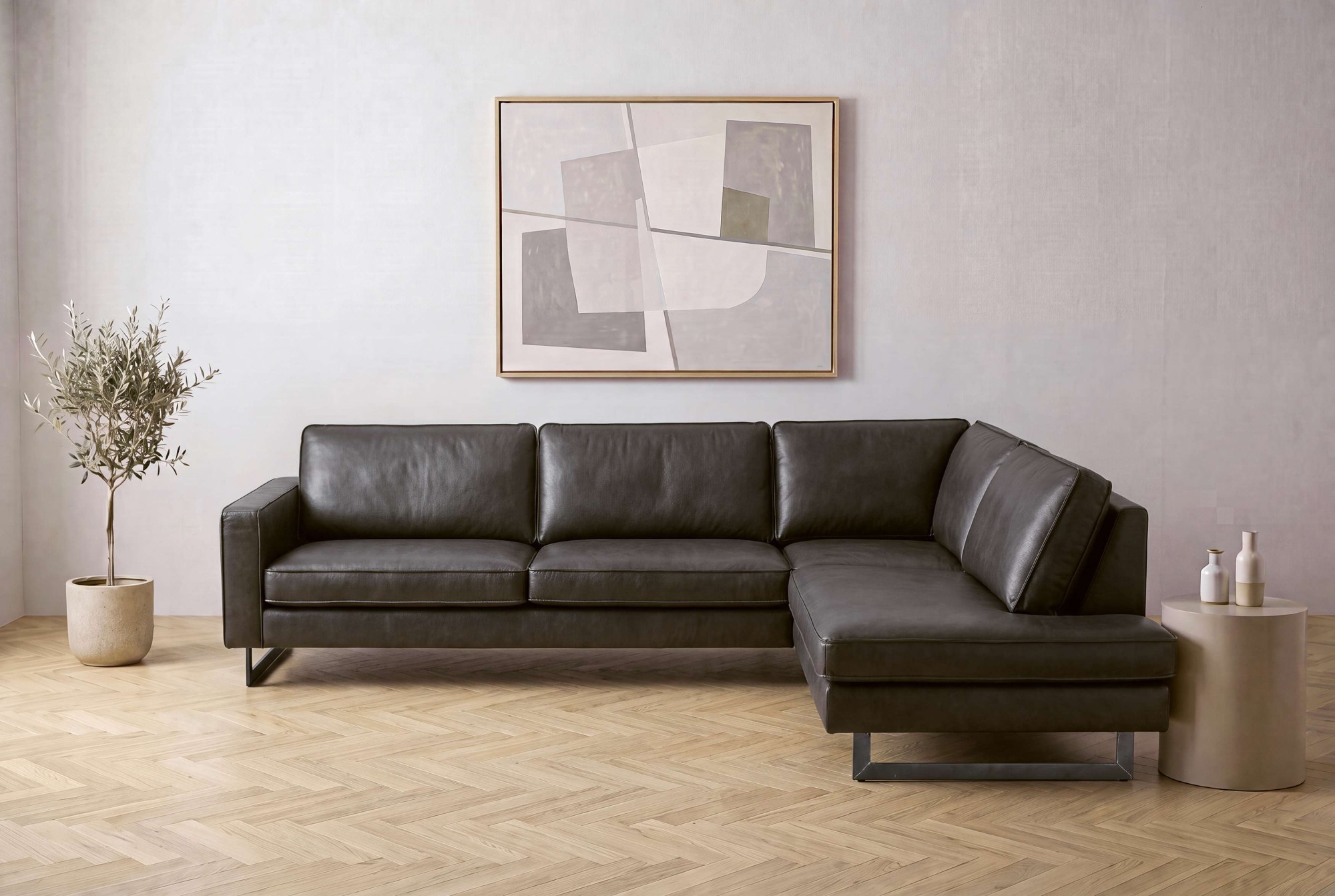 OTTO home Ecksofa »Pinto, 290 cm, Cord, Chenille, Lederoptik, Ottomane links / rechts« mit Keder, schwarze Metallfüße, Wellenunterfederung