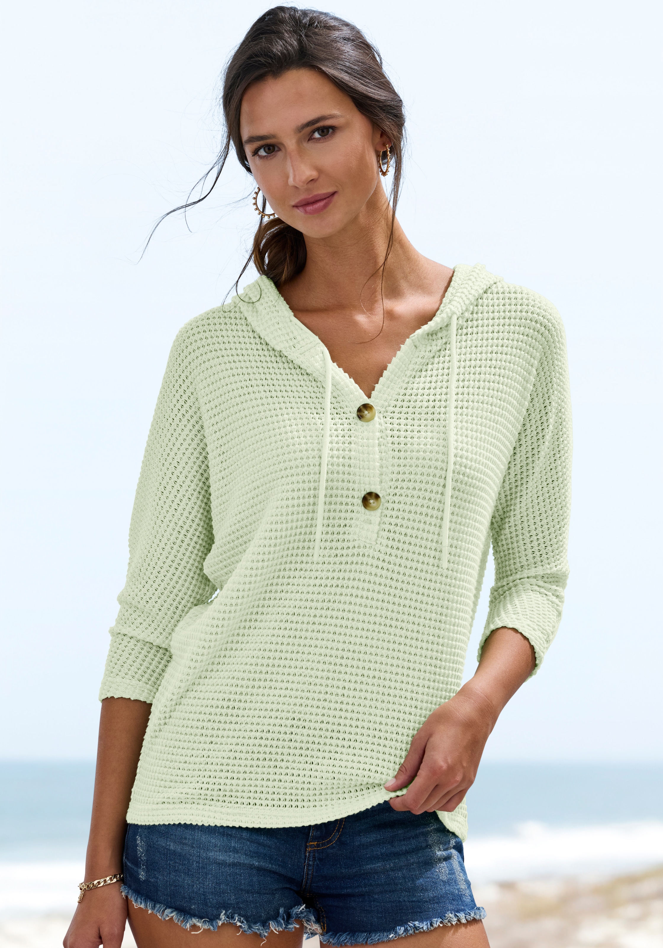 LASCANA 3/4-Arm-Shirt »aus bügelfreiem Waffelstrick« mit Kapuze und Knopfleiste