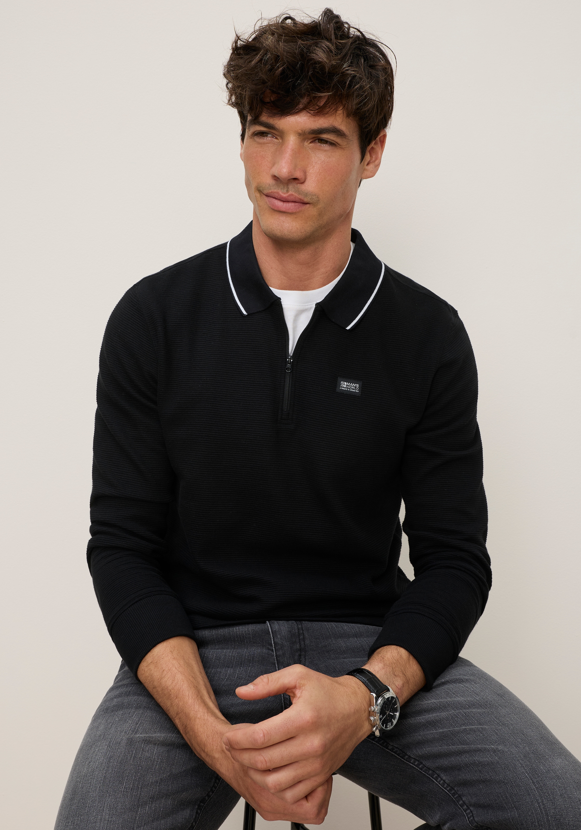 Man's World Sweatshirt , mit Polokragen, aus Baumwolle und Polyester, in unifarbener Optik
