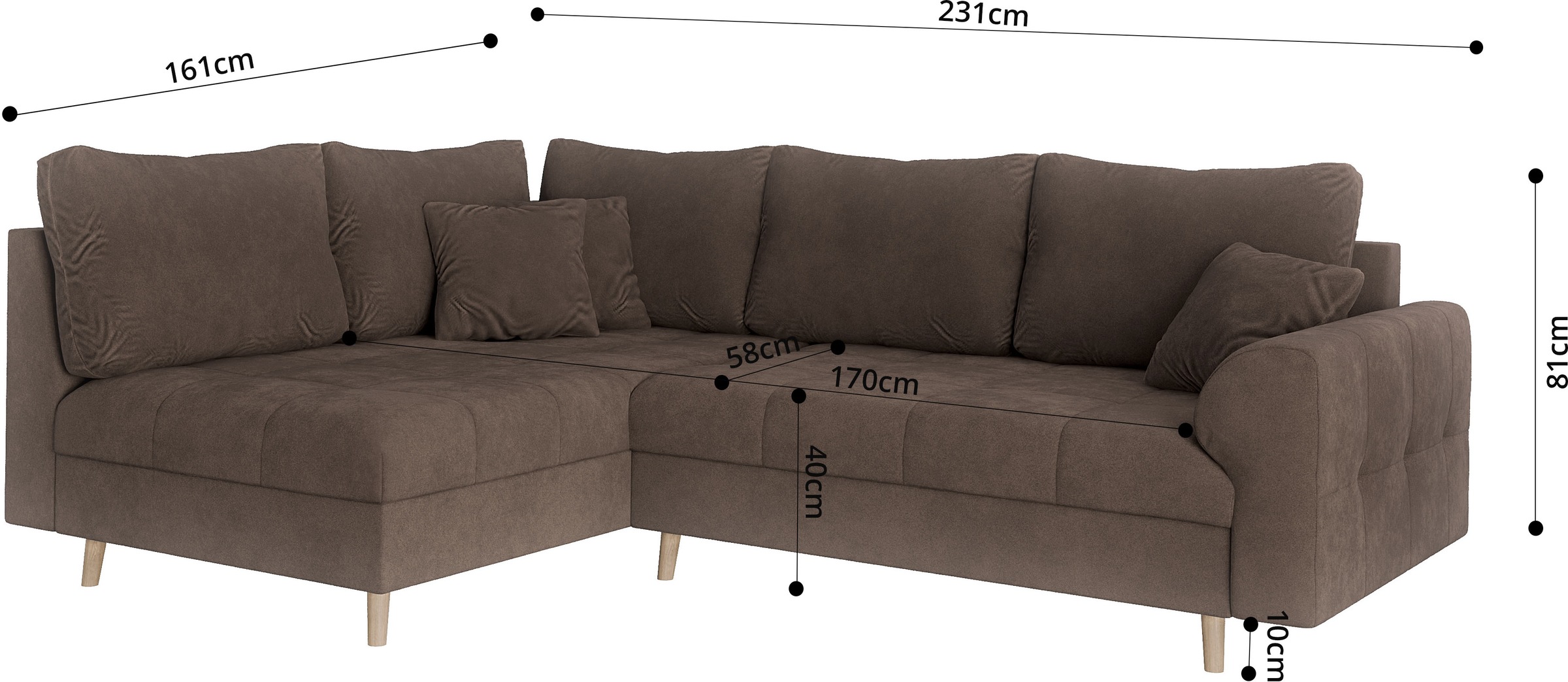 Home affaire Ecksofa »CHARRE L-Form mit Ottomane, Maße B/T/H: 231/161/81 cm«, feine Steppung, lose Rücken- und Zierkissen, auch in Cord und Bouclé
