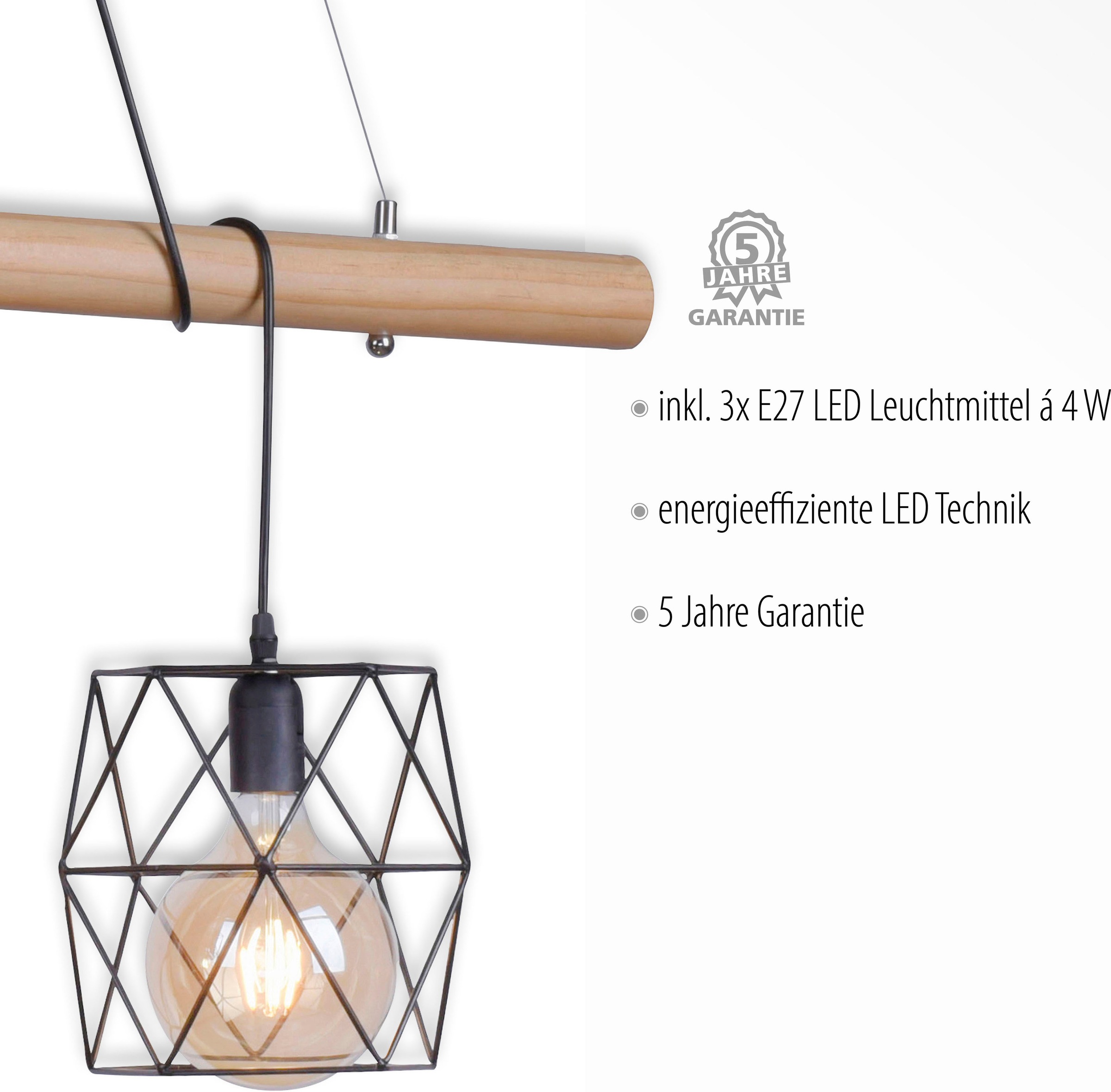 »EDGAR«, Pinienholz LED bei JUST 3 flammig-flammig, aus & Pendelleuchte rustikalem OTTO Kombination LIGHT lackierten Metallkörbchen