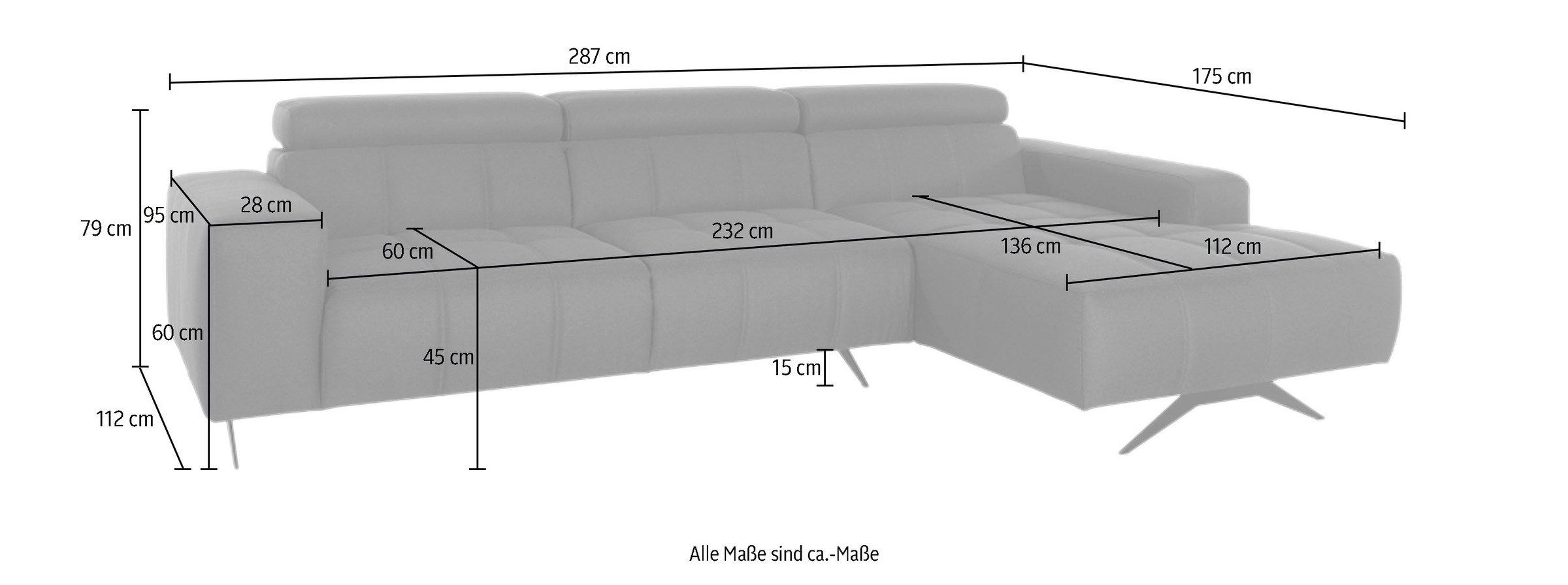 DOMO collection Ecksofa »Trento L-Form, mit Kufenfuß oder Einzelfuß« wahlweise mit Kopfteilverstellung, Recamiere links/rechts bestellbar