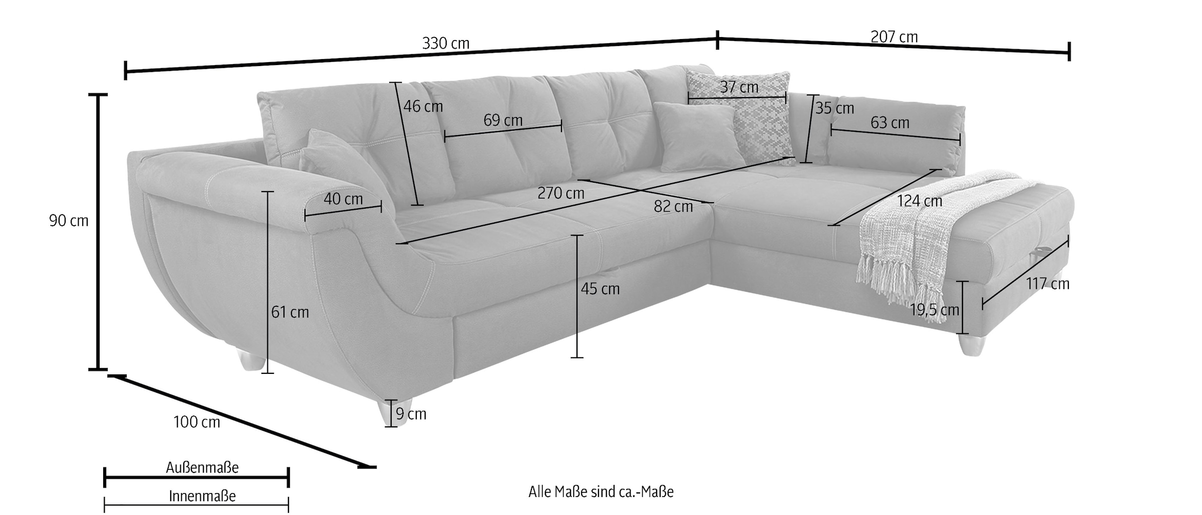 Jockenhöfer Gruppe Ecksofa »Maranello L-Form, B: 330 cm« mit Bettfunktion, Bettkasten & Zierkissen