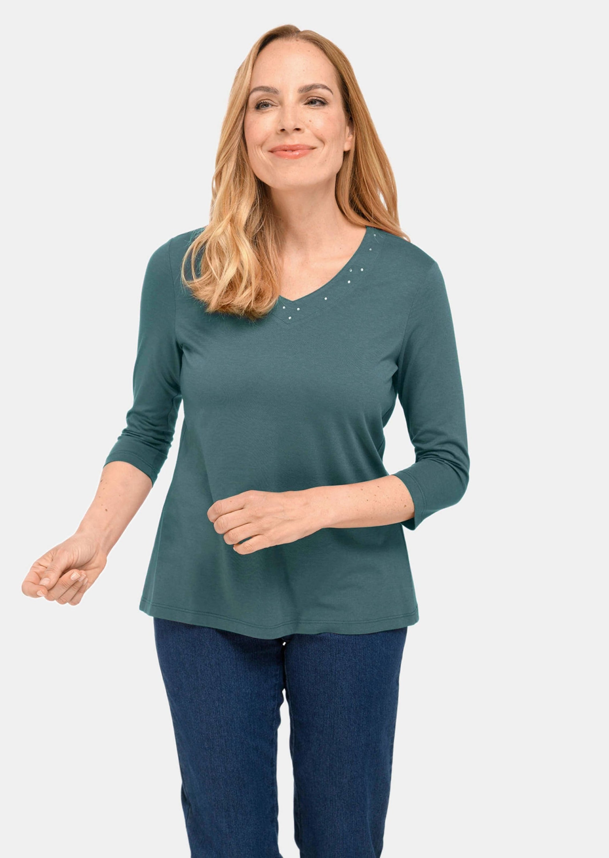 GOLDNER 3/4-Arm-Shirt »T-Shirt mit charmantem Ausschnitt und Schmucksteinchen«