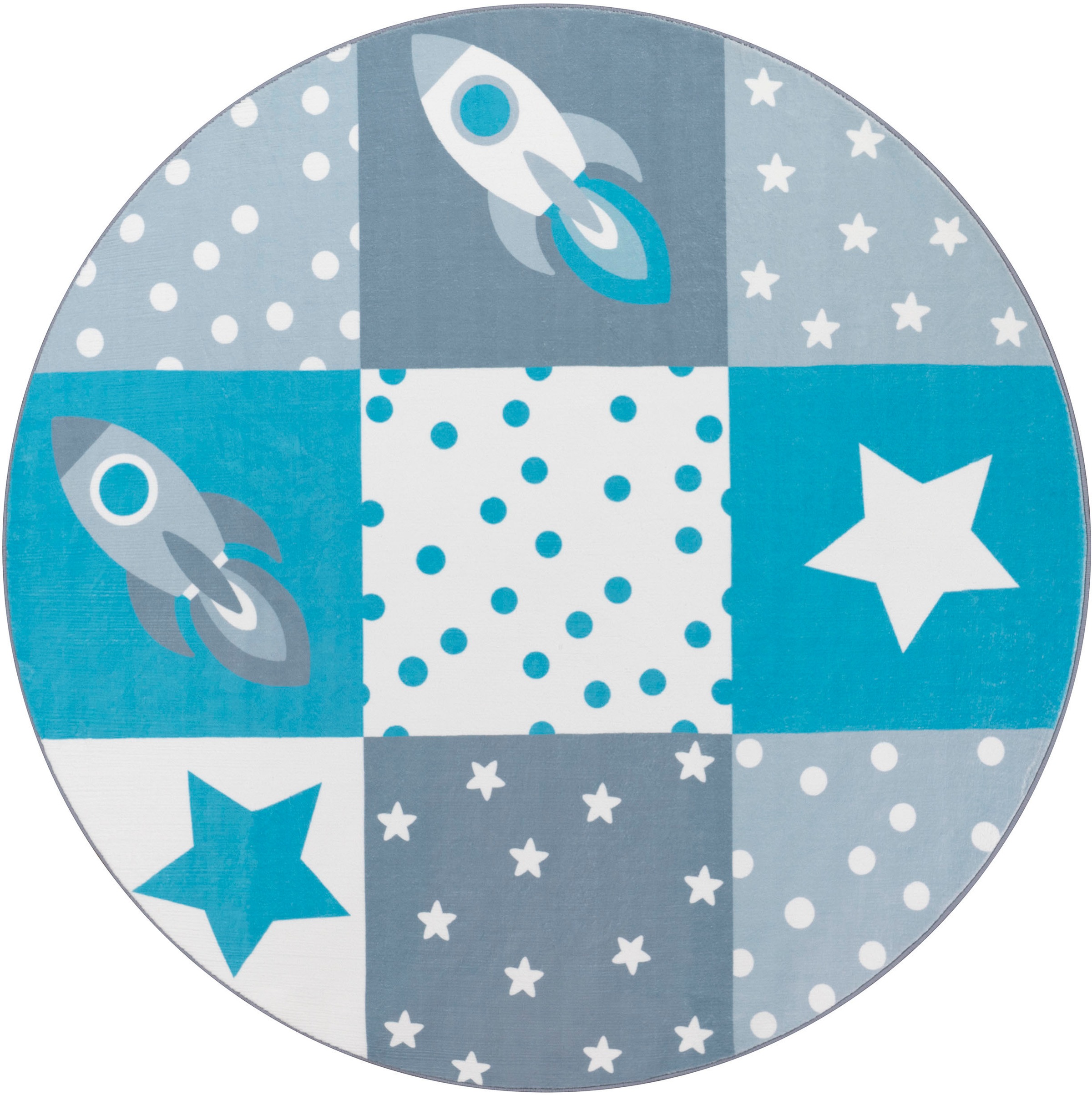 Paco Home Kinderteppich »Eliz 395« rund 12 mm Höhe Spielteppich, Patchwork-Muster, Motiv Rakete, Sterne & Punkte in blau
