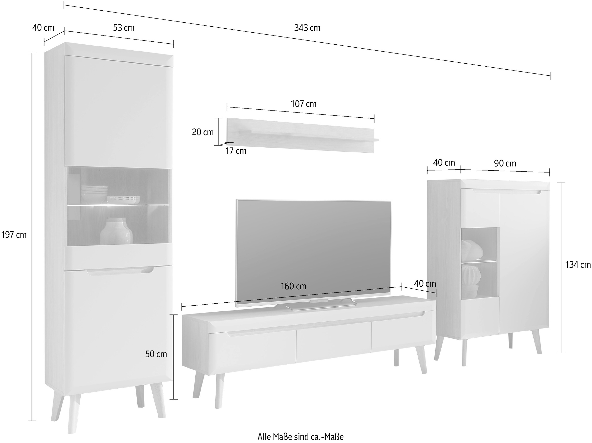 INOSIGN Wohnwand »Torge, Anbauwand, Schrankwand, Mediawand, Wohnzimmer-Set«, (Set, 4 St.), enthält 2 Vitrinen, 1 Lowboard, 1 Wandboard, 343 cm breit