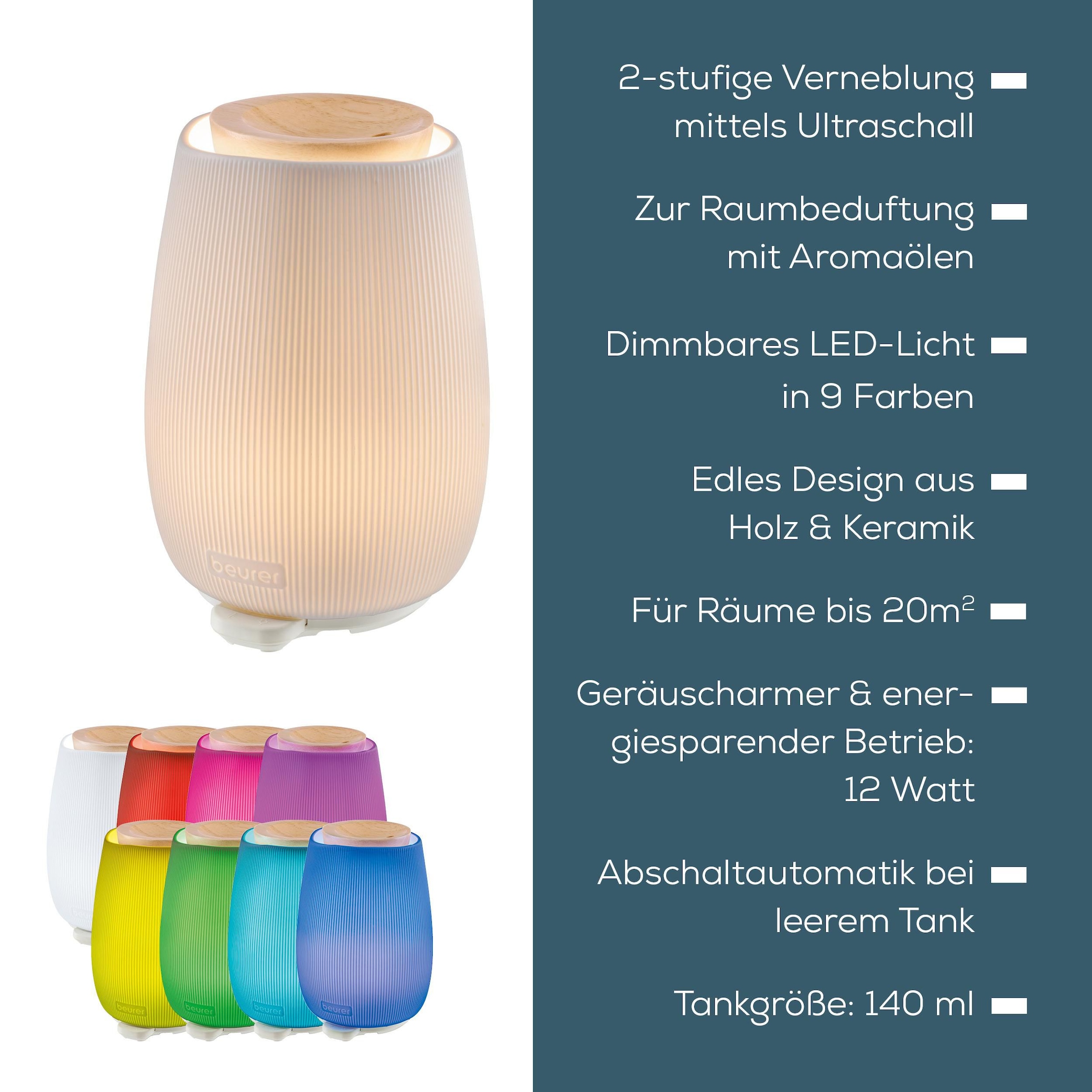 BEURER Diffuser »LA 45 Aroma Diffuser mit zweistufiger Vernebelung« 0,14 l Wassertank Elegantes Design, zur Raumbeduftung mit Aromaölen geeignet
