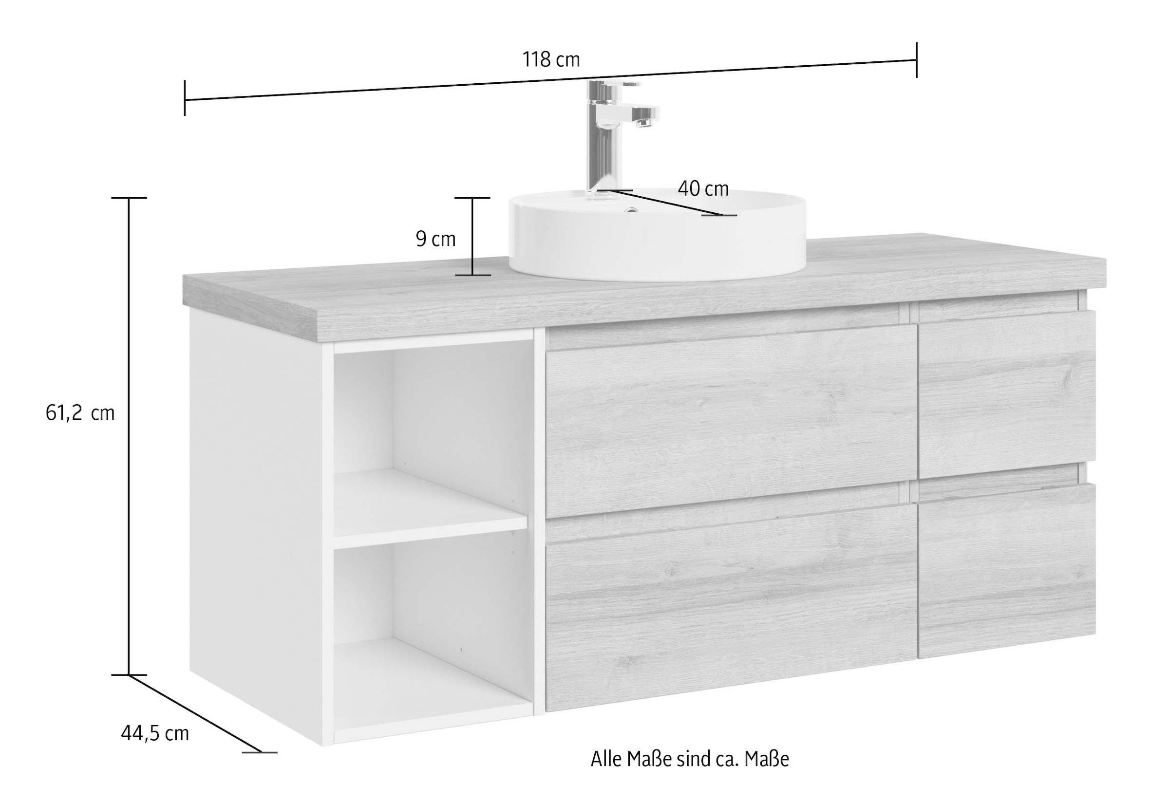 Saphir Waschtisch »Serie 4035 Keramik-Aufsatzbecken mit Unterschrank, 118 cm breit«, Waschplatz, 4 Schubladen, inkl. Schubladendämpfer, mit Griffuge