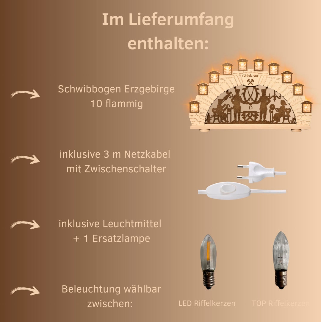 Weigla Schwibbogen »Erzgebirge, Motiv Bergmann, Lichterbogen aus Holz, NATUR-BRAUN«, Erzgebirge garantiert, Weihnachtsdeko Innen, Weihnachtsbeleuchtung