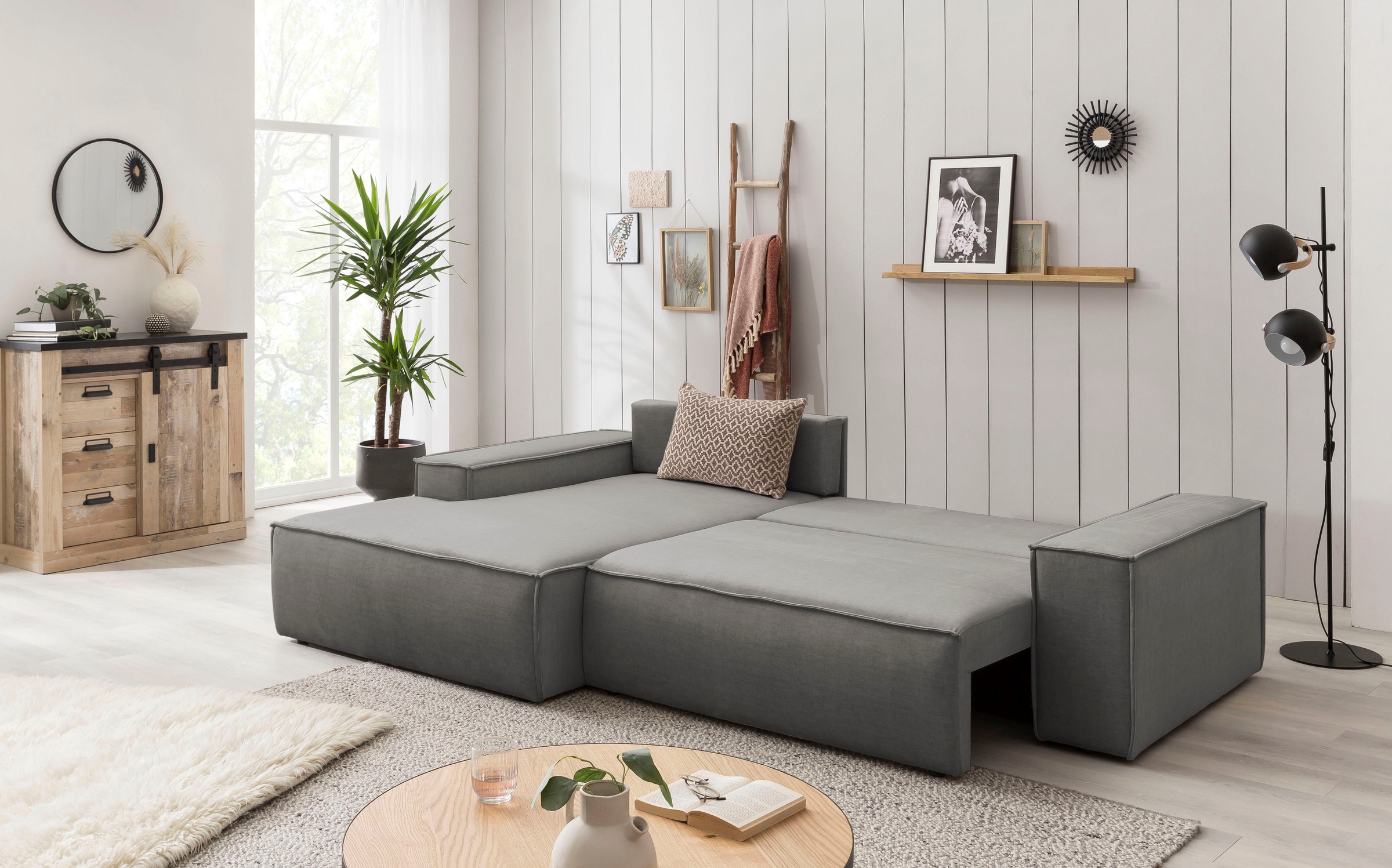 Home affaire Ecksofa SHERWOOD Schlafsofa 267 cm, L-Form, Schlaffunktion mit Bettkasten (210x136 cm), Cord, Vintage, Samtvelours