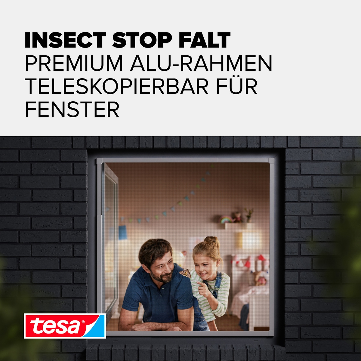 tesa Insektenschutz-Fensterrahmen »Insect Stop Falt Fliegengitter für Fenster - min 0,8 m bis max. 1,4 m« Packung, Teleskop Alu Rahmen, 1 Stk. tlg. Mückenschutz-verstellbarem Rahmen aus Aluminium-ohne bohren