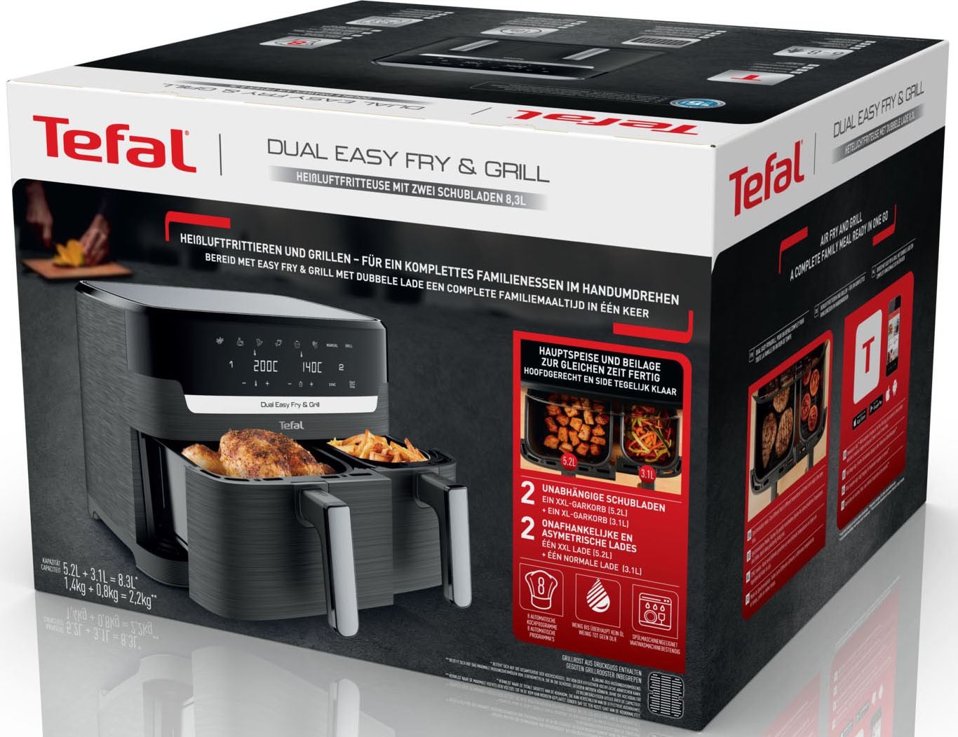 Tefal Heißluftfritteuse »EY905B Dual Easy Fry & Grill«, 2700 W, Doppelkammer Heissluftfritteuse, inkl. Hamburger Presse, EY905B
