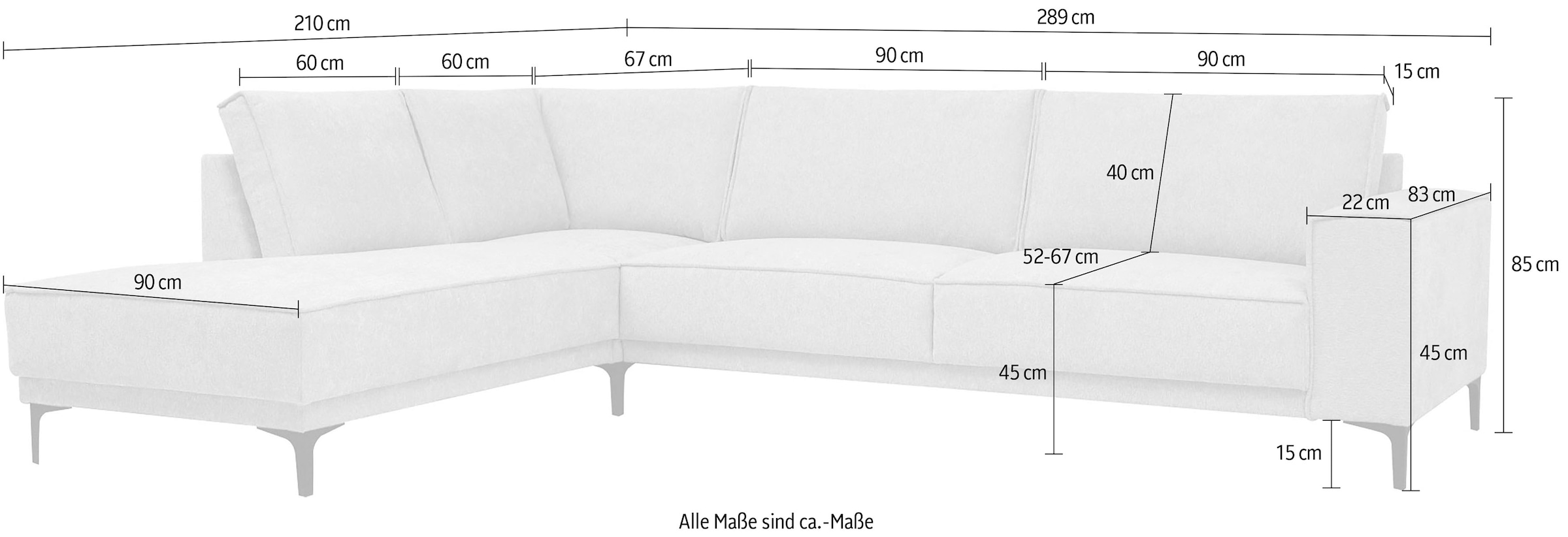 Places of Style Ecksofa »Polsterecke Oland, Struktur, Flachgewebe, Luxus-Microfaser, Boucle«, L-Form, 289 cm, Wellenunterfederung, Skandi-Design, Metallfüße