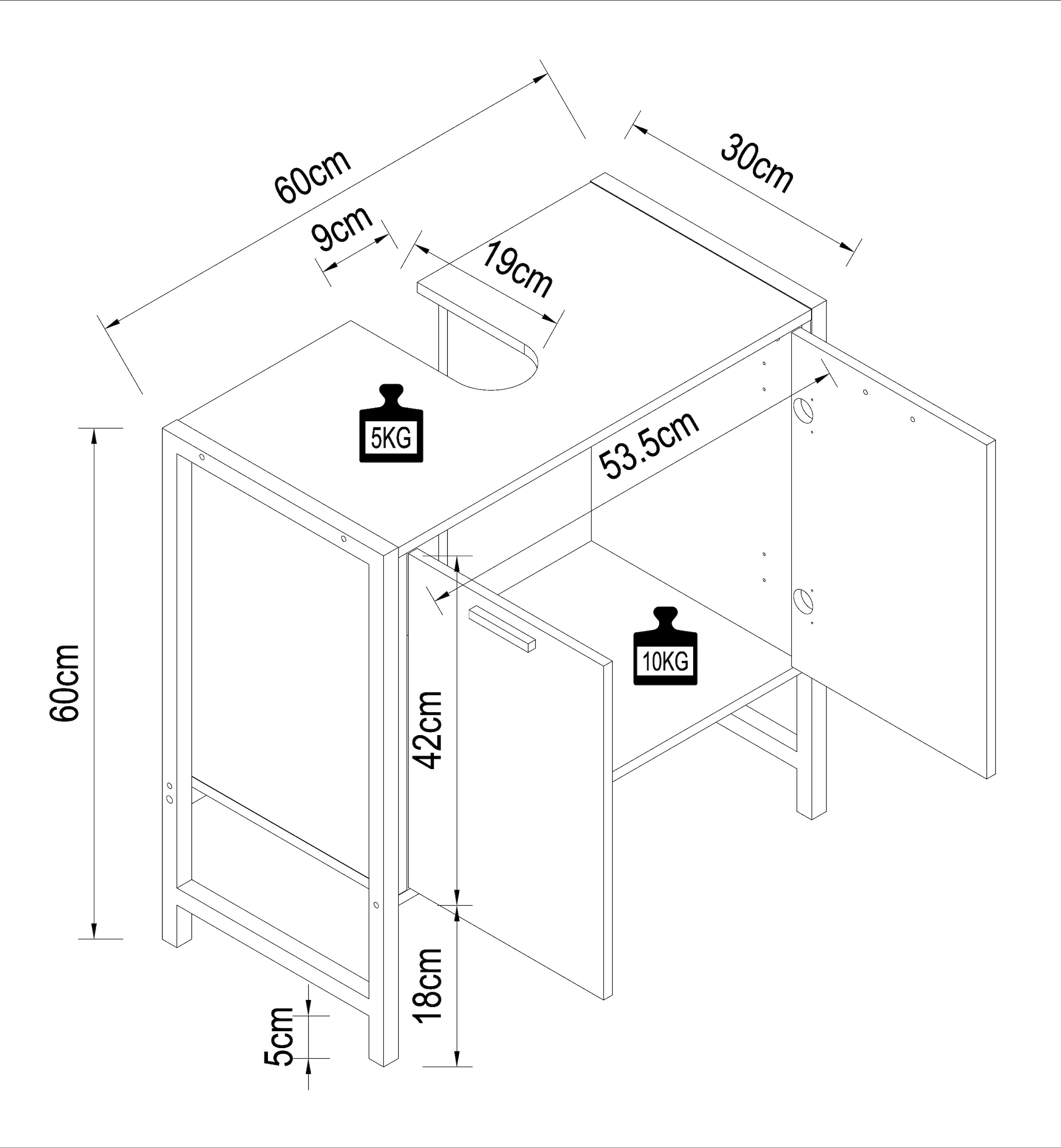 VCM Waschbeckenunterschrank »VCM Waschbeckenunterschrank | Badschrank | Maße: H. 60 x B. 60 x T. 30 cm | 2 Seitenteile aus Metall | Korpus aus Holz | 2 große Drehtüren - Edino«, (1 St.)