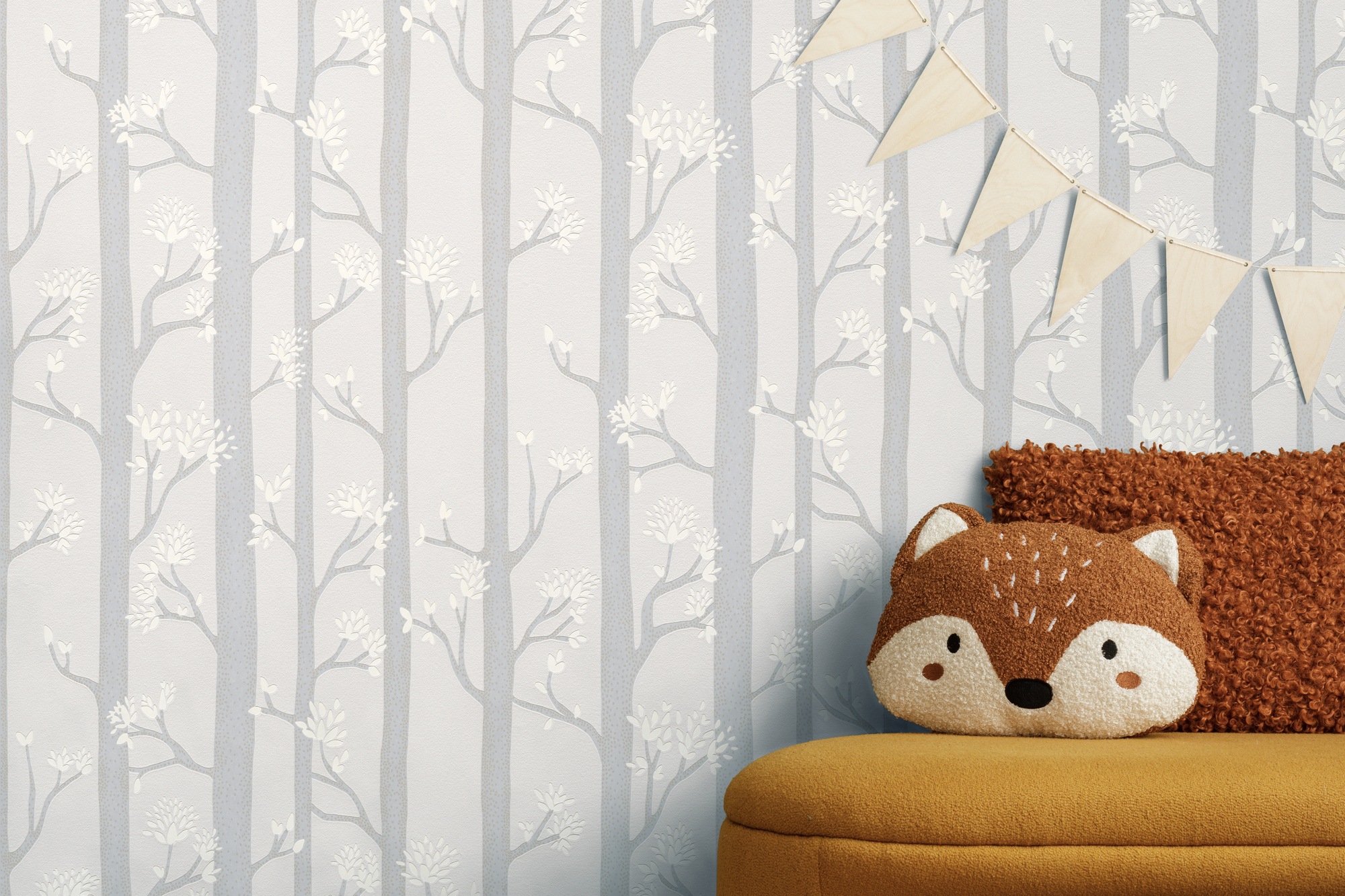 living walls Vliestapete »Kids Studio Wald – Baum Vliestapete für Kinder« Wald | grafisch | leicht glänzend glatt Stilisiertes Waldmotiv mit Bäumen, Zweigen und feinen Blättern