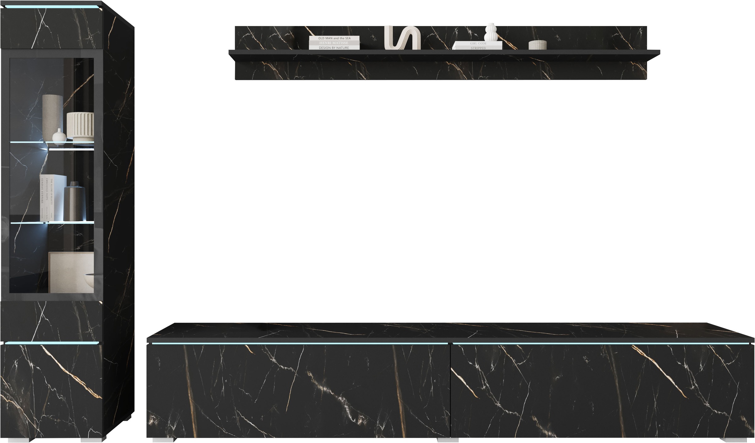 INOSIGN Wohnwand »VERA I, Vitrinen Türanschlag links/rechts wechselbar«, (Komplett-Set, 3 St.), Mediawand 230 cm, Vitrine mit Verglasung, stehend und hängend
