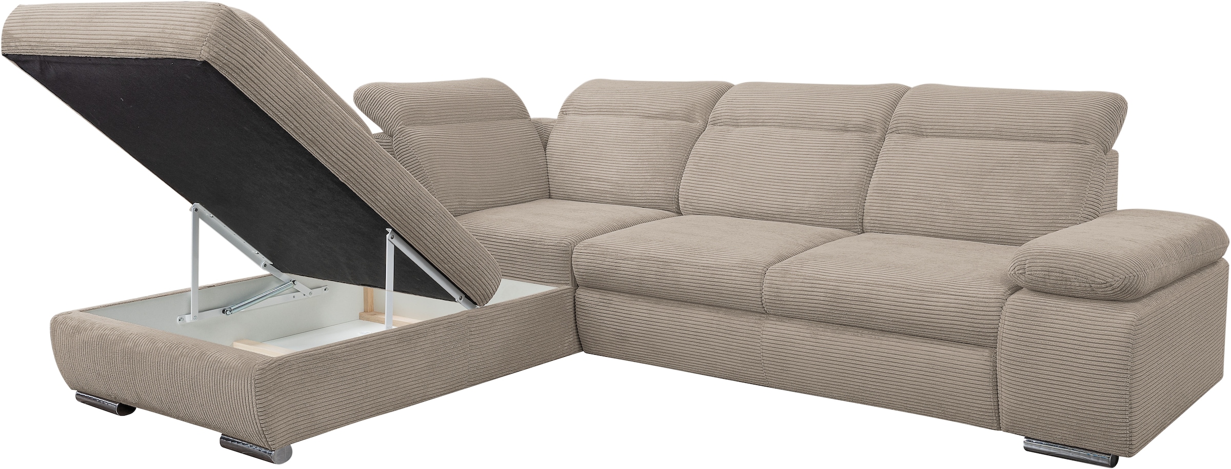 WERK2 Ecksofa »Alicante Cord, inkl. Bettfunktion & Bettkasten, Breite 280cm, L-Form« Schlafsofa mit Bettkasten & verstellbaren Kopfstützen.