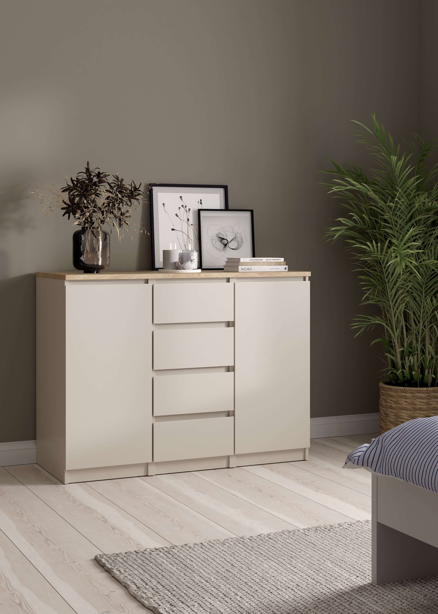 Home affaire Kommode »Naia, Sideboard, 4 Schubladen, 2 Türen, Aufbewahrung, grifflose Front« Mit Einlegeböden, modern, skandinavisches Design, in mehrere Farben