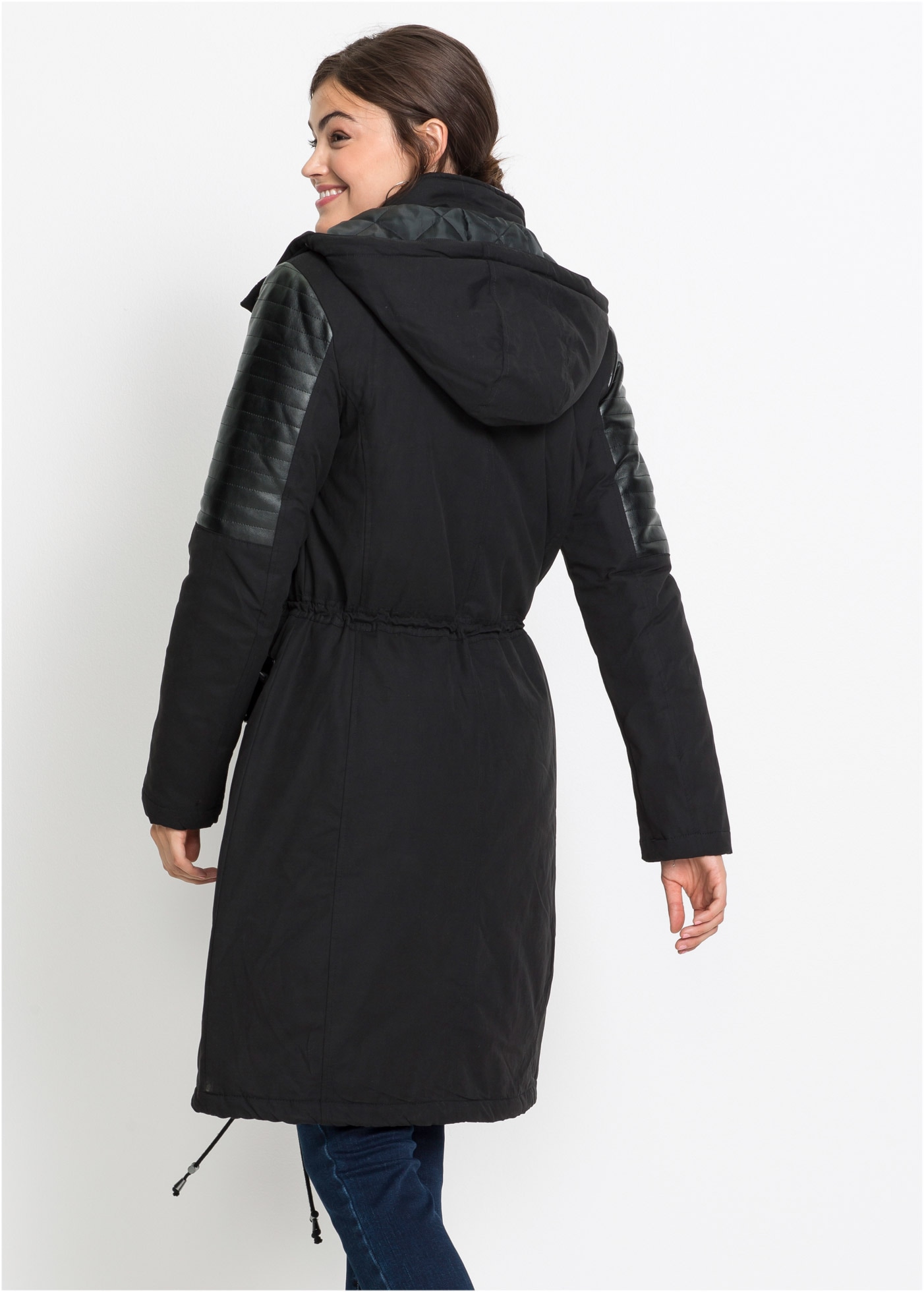 bonprix Langjacke mit Kapuze Long-Parka mit Lederimitateinsatz