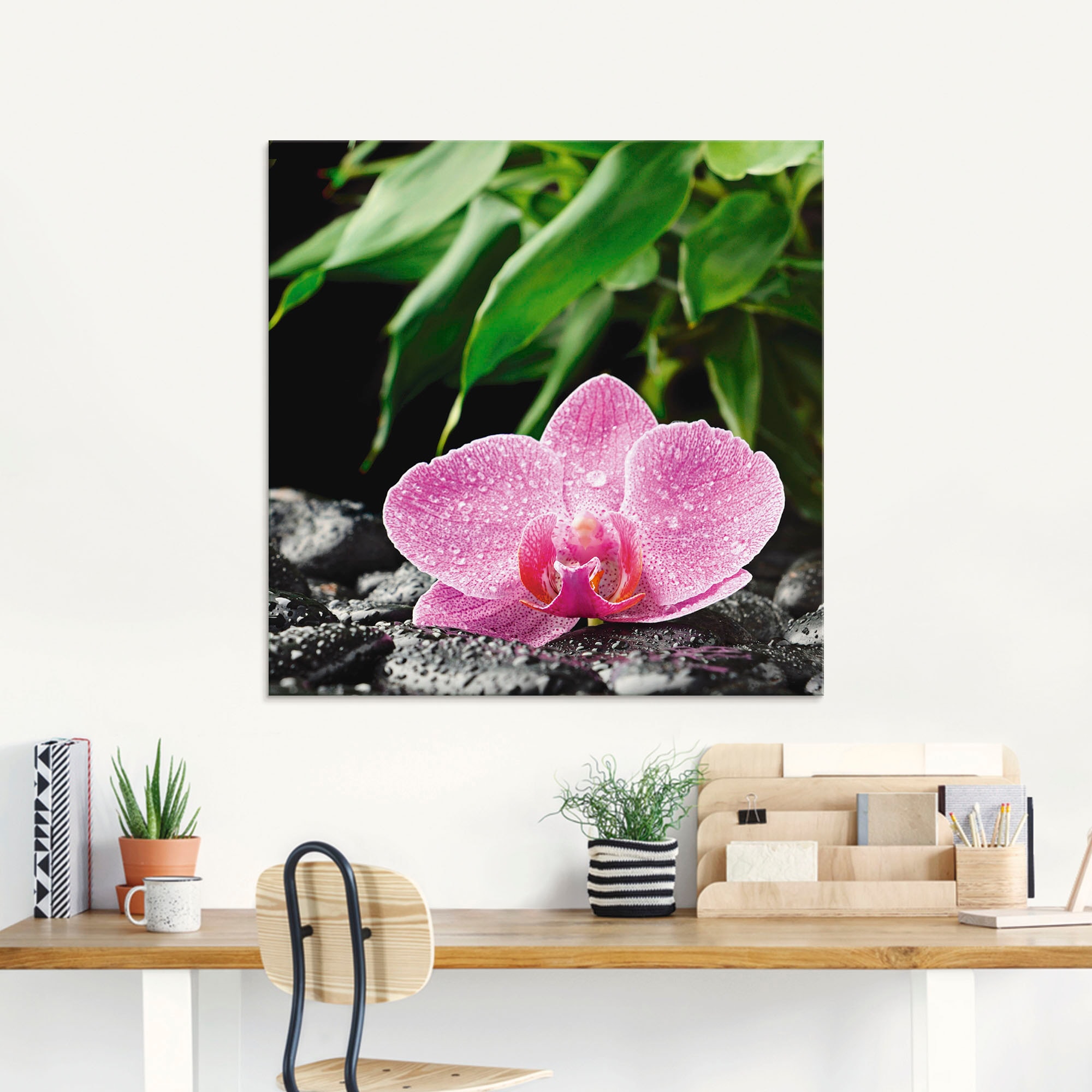 Artland Glasbild »Rosa Orchidee auf schwarzen Zen Steinen«, Blumen, (1 St.), in verschiedenen Größen