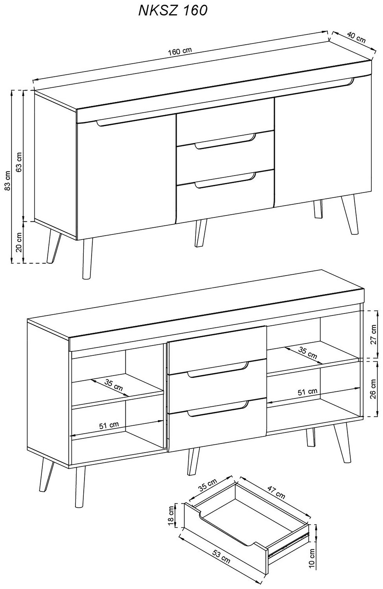 INOSIGN Sideboard »Torge, Anrichte, Kommode, Schubladenschrank«, (1 St.), abgeschrägte Füße, drei Farben, Scandi Design, 160 cm breit