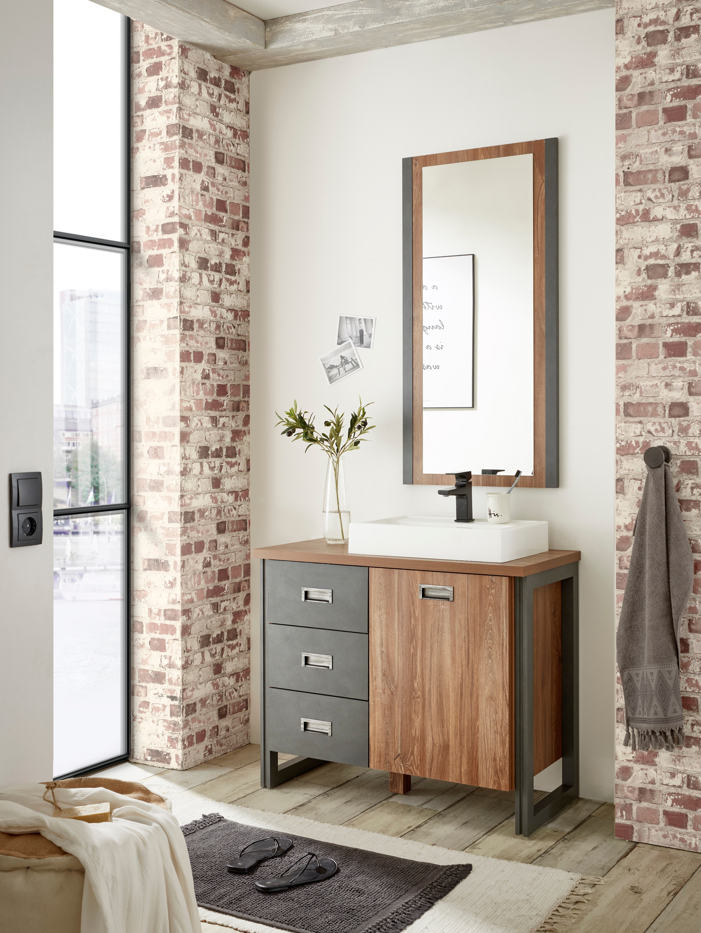 Home affaire Waschtisch »Detroit, Unterschrank mit Apothekergriff, Badschrank, Industrialdesign«, Eiche Dekor, mit Stauraum, inkl. Mineralguss-Waschbecken, Breite 91 cm