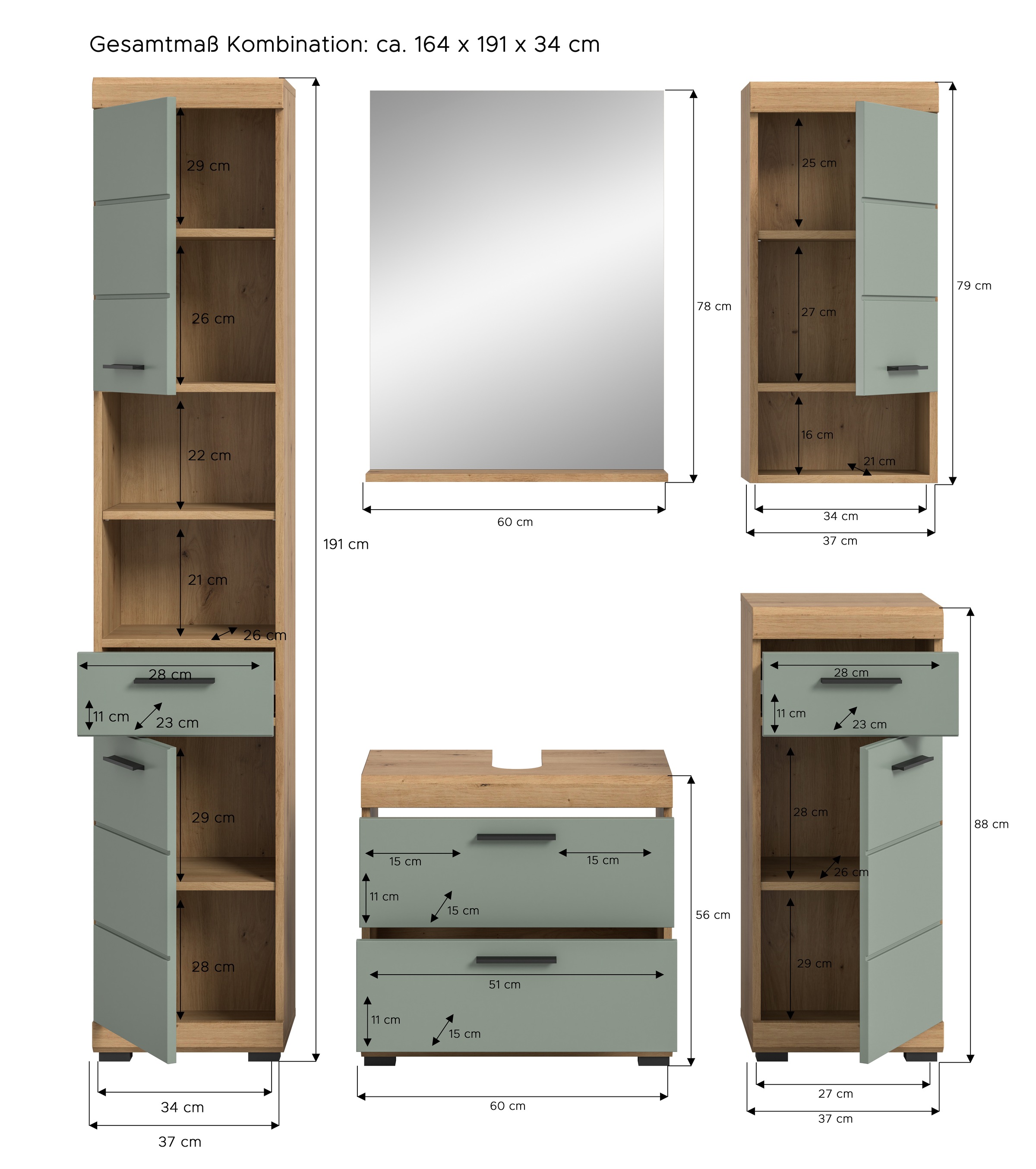 INOSIGN Badmöbel-Set »Siena, 5 teilig, bestehend aus:«, (Set, 5 St.), Hochschrank, WBU, Spiegel, Unterschrank, Hängeschrank