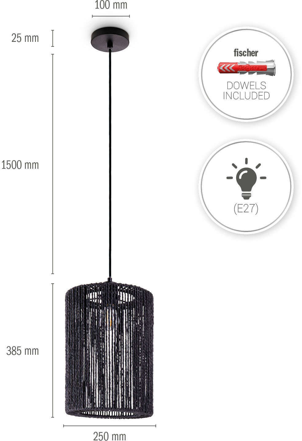 Paco Home Pendelleuchte »Hugo Ricarda«, Leuchtmittel E27 | ohne Leuchtmittel, Wohnzimmer Esszimmer Rattan Optik Boho Lampenschirm Papier Rund