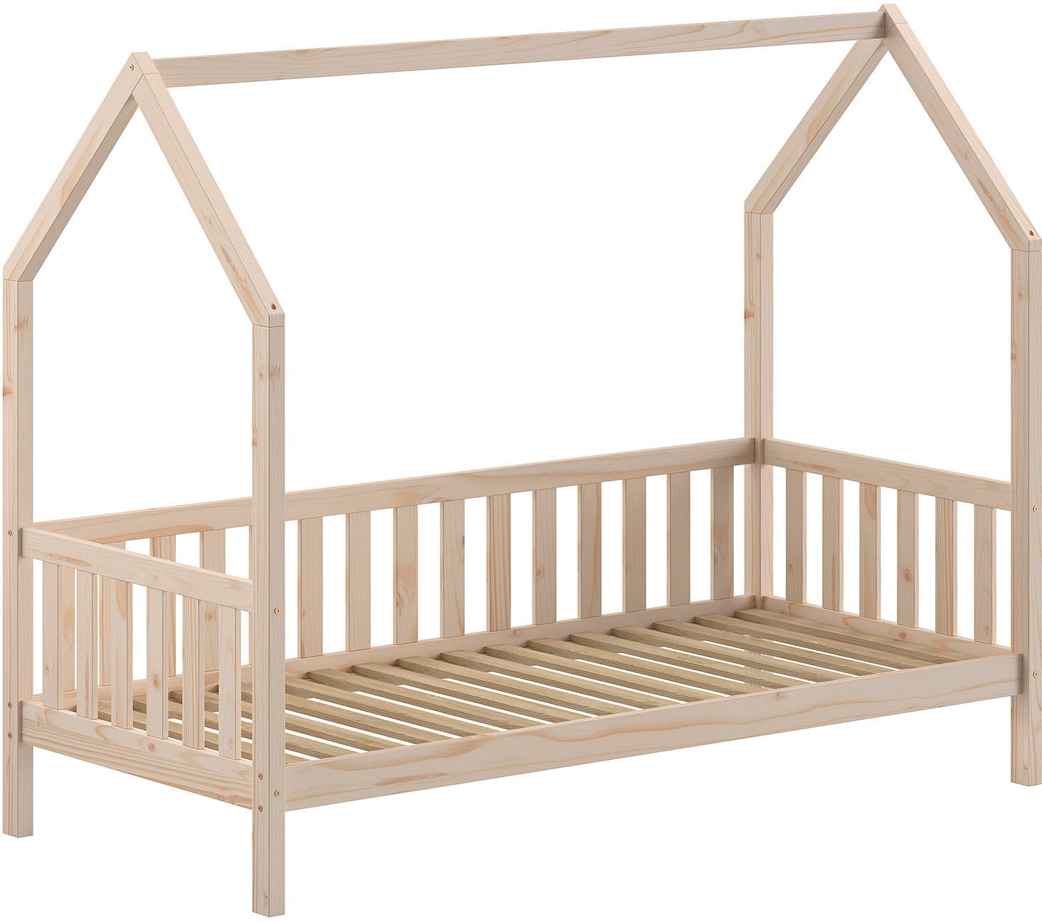 Vipack Hausbett »Cabane, mit Dachaufbau und Sprossenumrandung in Landhaus-Optik«, (B/H/T ca. 208x169x98 cm) aus massiver Eiche, Oberfläche Natur), sehr stabil und standfest gebaut inkl. Massivholz Rolllattenrost