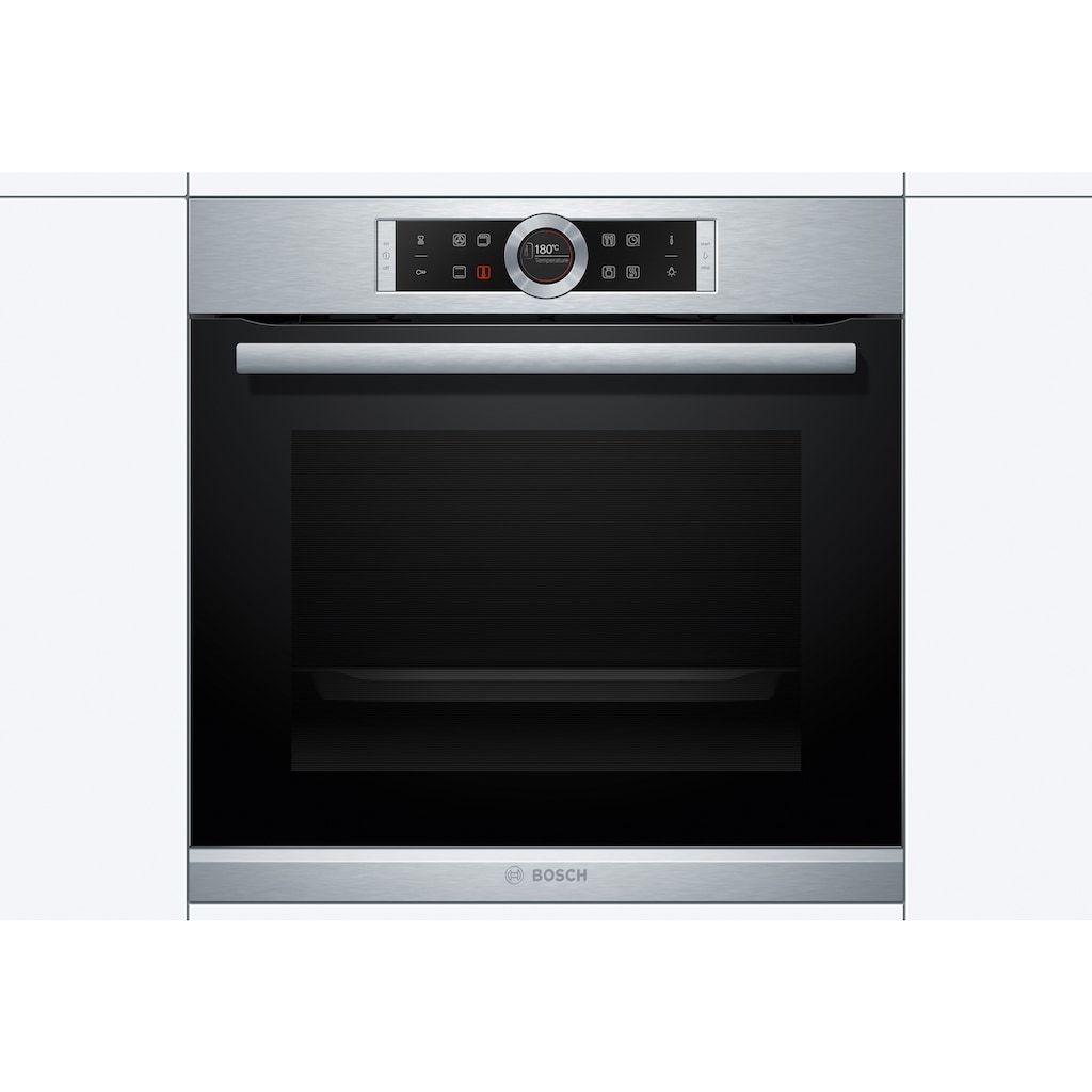 BOSCH Einbaubackofen »HBG635B«, Serie 8, mit Teleskopauszug nachrüstbar, ecoClean Direct, 4D-Heißluft-Eco-Ober-/Unterhitze Eco-Umluft-Infra-Grill-Großflächen-/Kleinflächengrill-Pizzastufe-Sanftgaren-Vorwärmen-Warmhalten-Auftaustufe, mit Pizzastufe