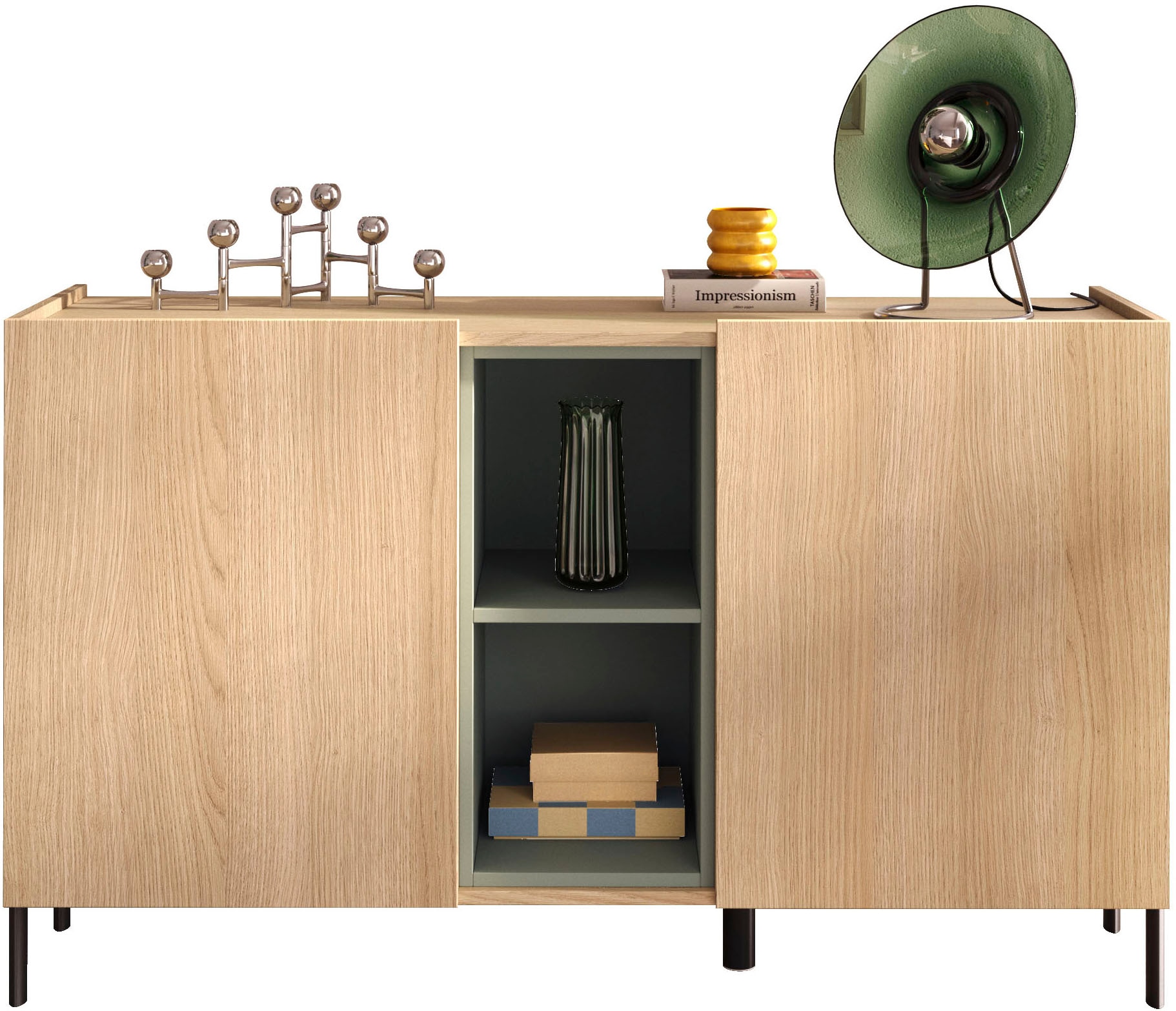 OTTO home Sideboard »Badia, 132 cm breit, 2 Türen, Anrichte, Kommode, Stauraumschrank« Innenliegendes Top, gerade Metallfüße, salbeigrüne Farbakzente